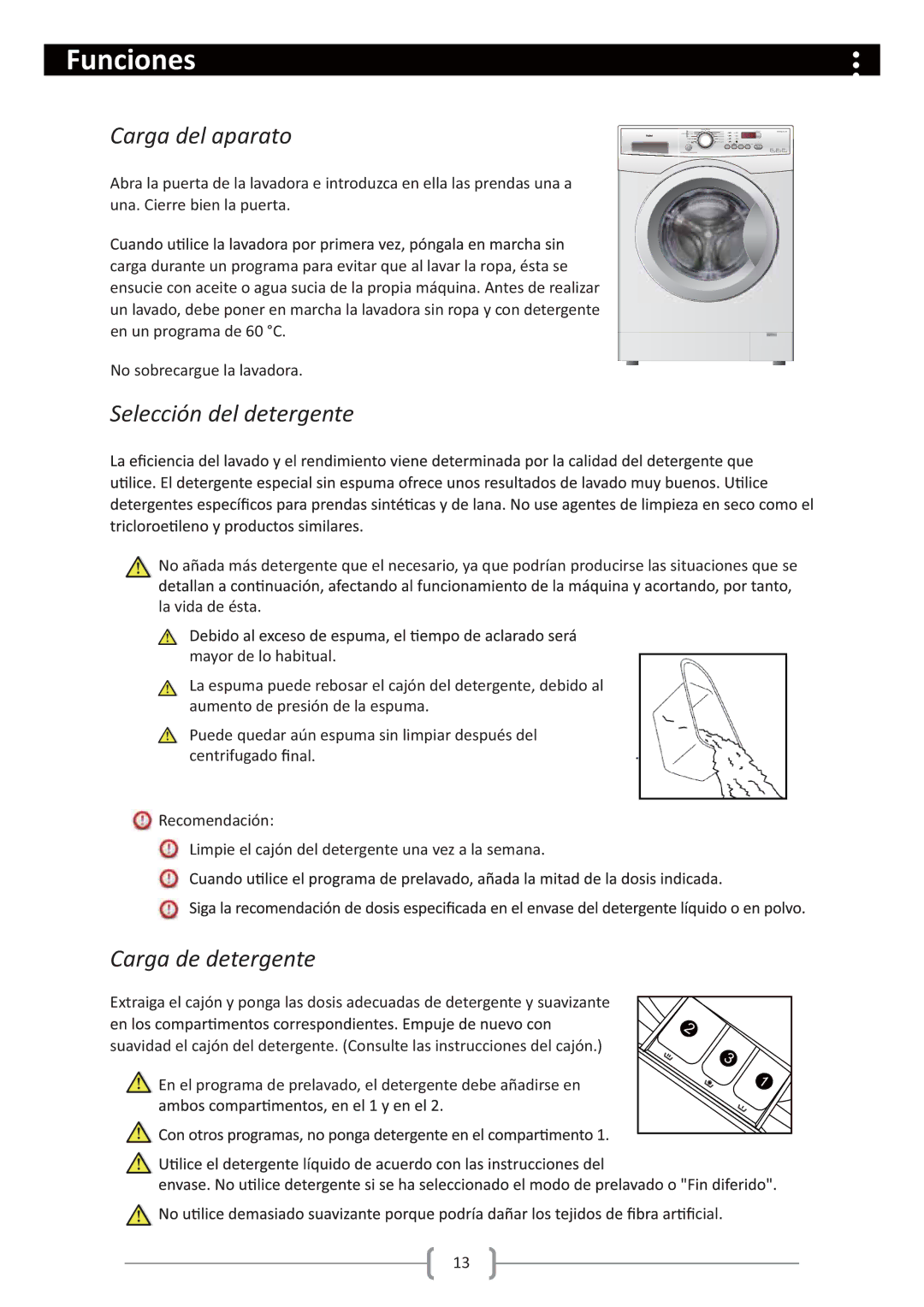 Haier HW80-1279 user manual Carga del aparato, Selección del detergente, Carga de detergente 