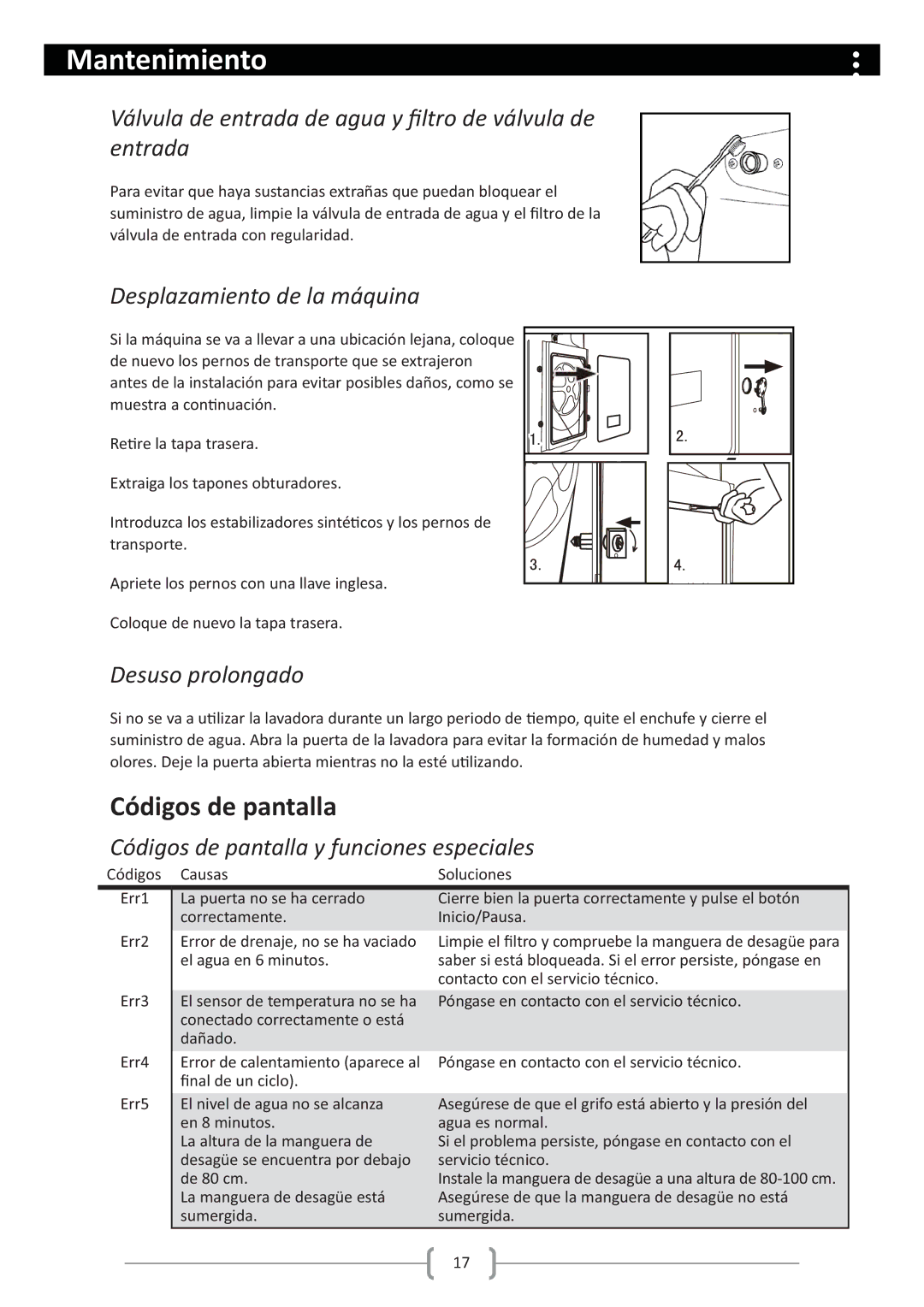 Haier HW80-1279 user manual Códigos de pantalla, Entrada, Desplazamiento de la máquina, Desuso prolongado 