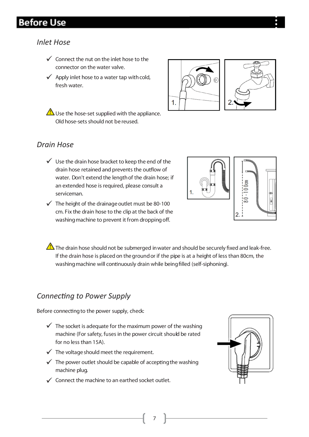 Haier HW80-1279 user manual Inlet Hose, Drain Hose, Conne ng to Power Supply 