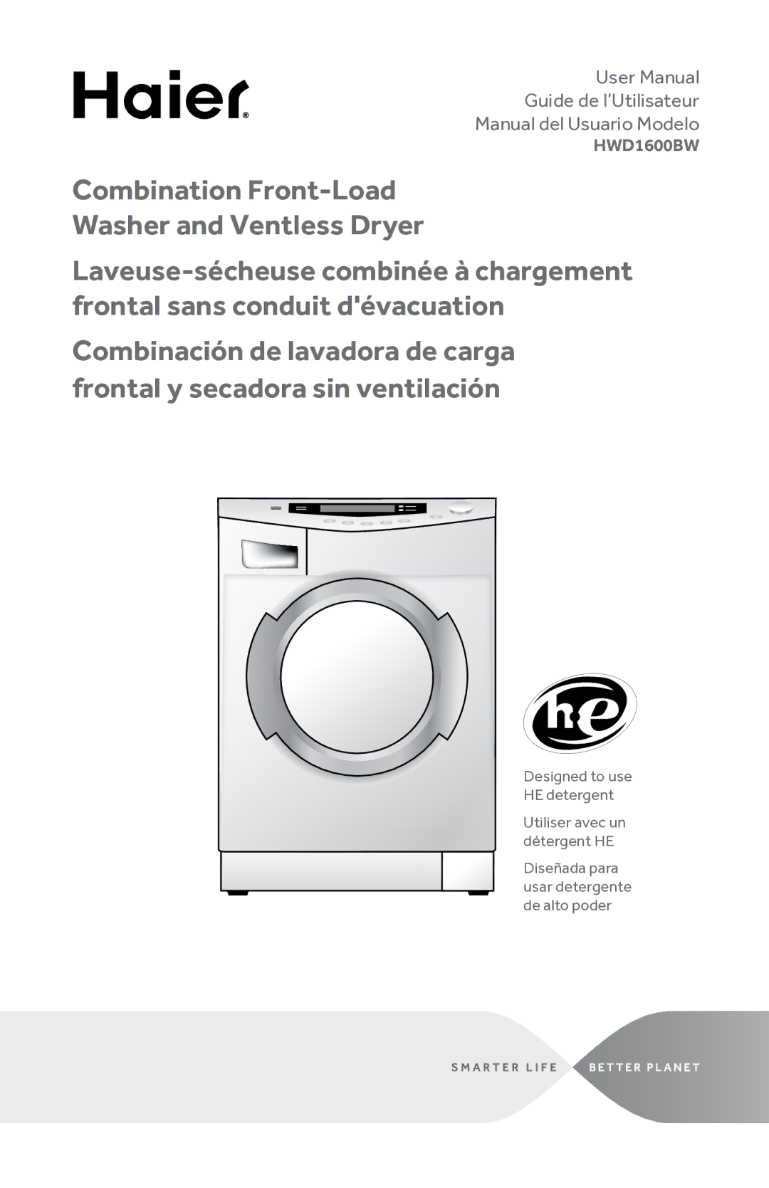 Haier HWD1600BW user manual Combination Front-Load Washer and Ventless Dryer 