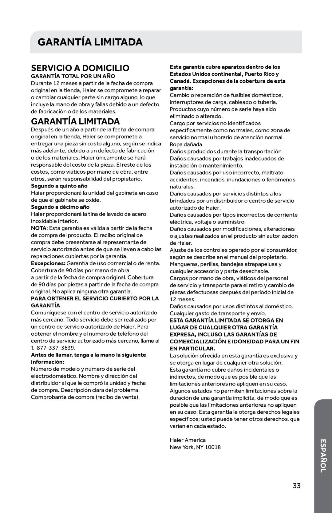 Haier HWD1600BW user manual Garantía Limitada, Servicio a Domicilio 