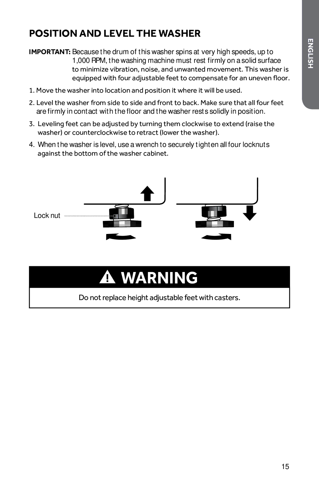 Haier HWD1600BW user manual Position and level the washer 