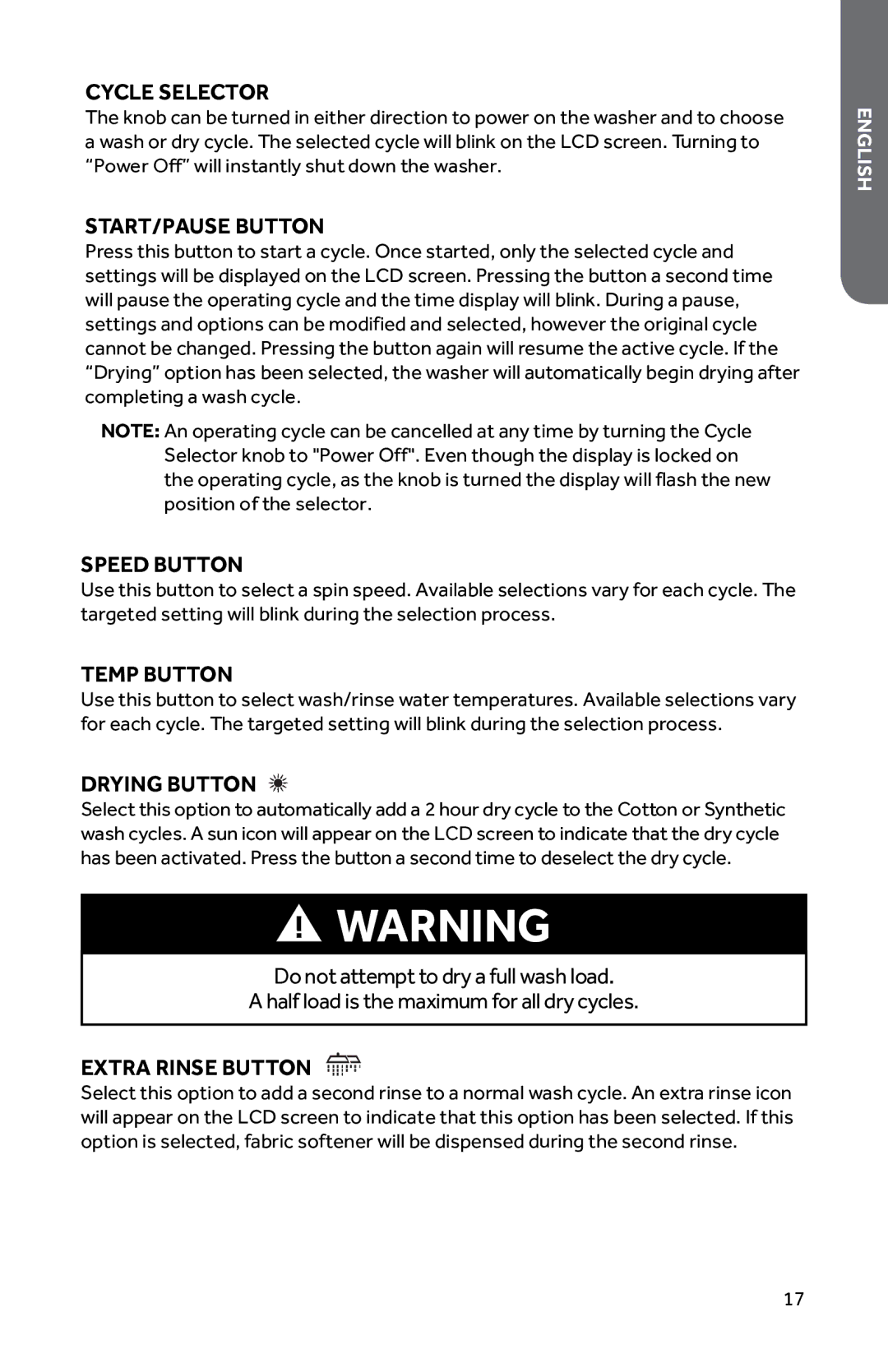 Haier HWD1600BW user manual Temp Button, Drying Button, Extra Rinse Button 