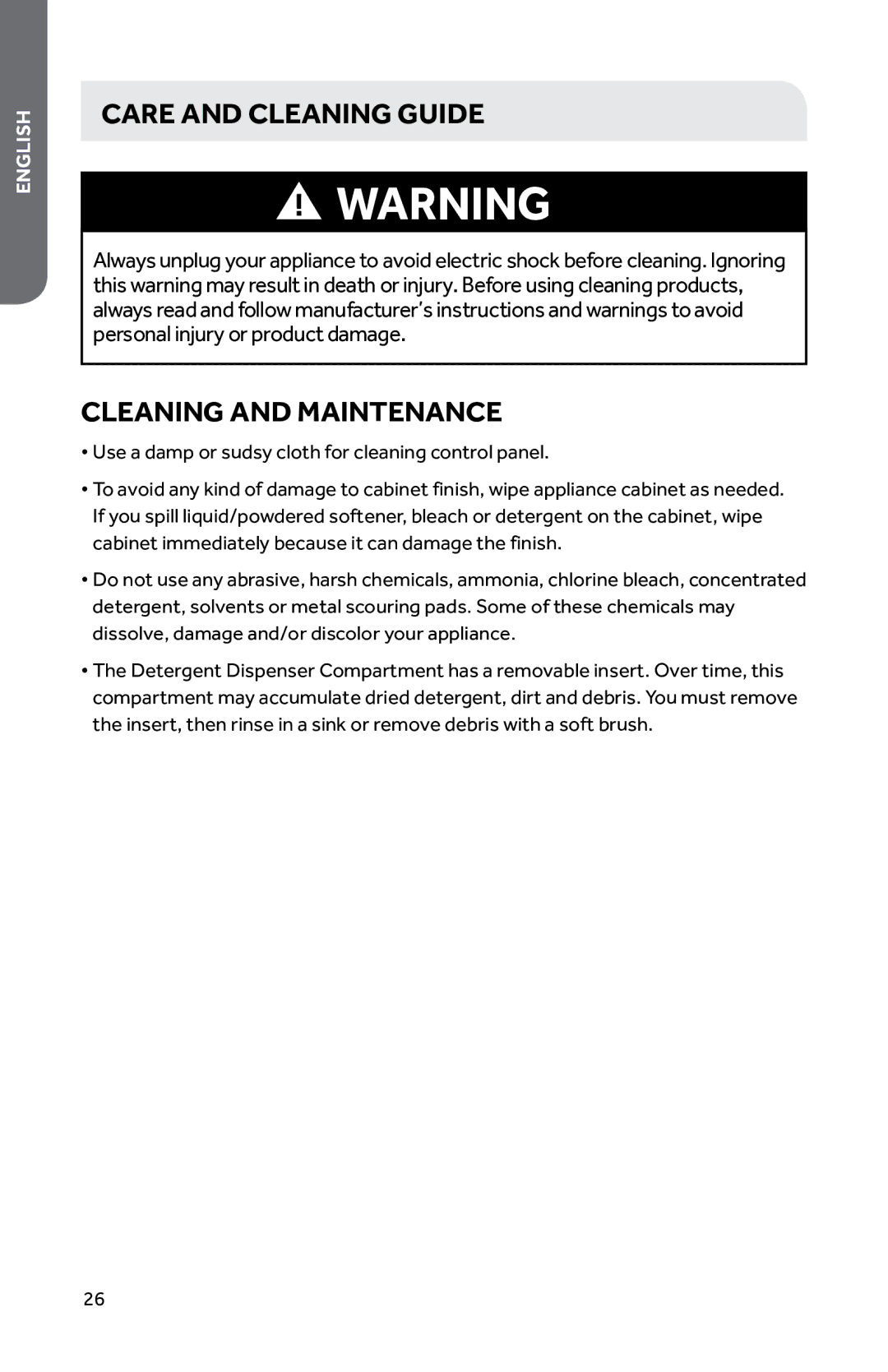 Haier HWD1600BW user manual Care and cleaning guide, Cleaning and maintenance 