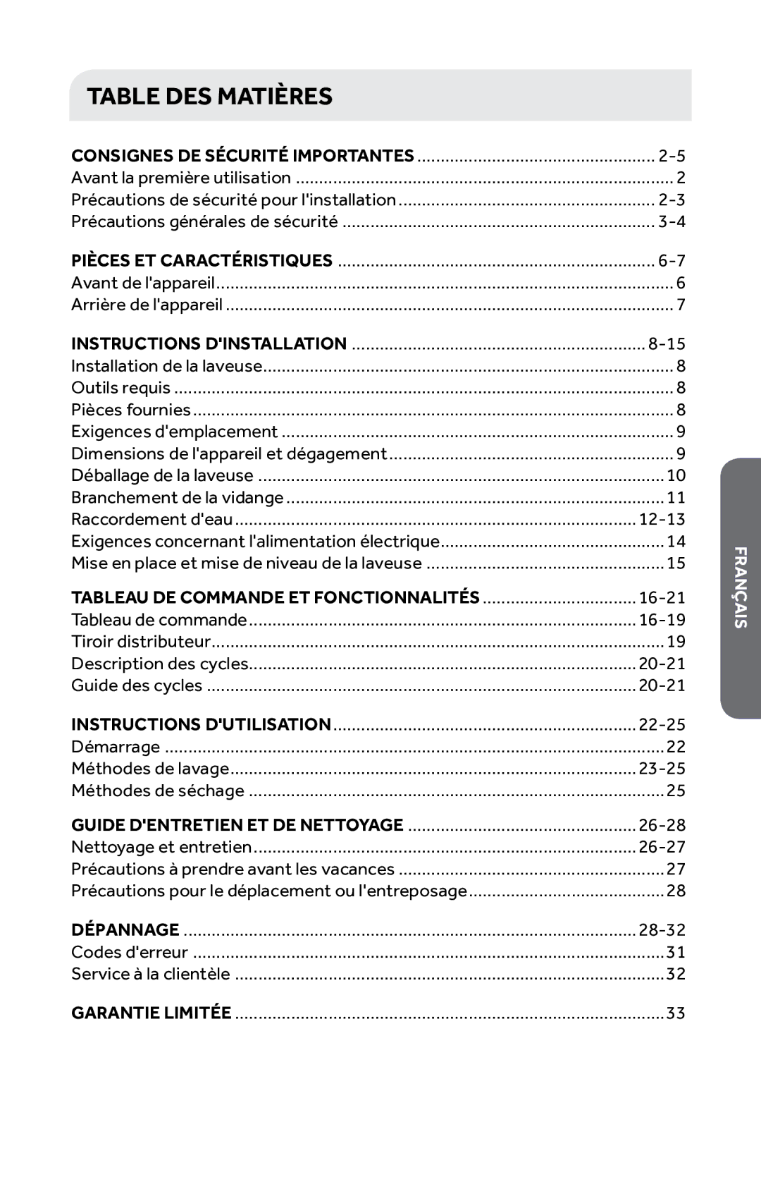 Haier HWD1600BW user manual Table DES Matières, Consignes DE Sécurité Importantes 