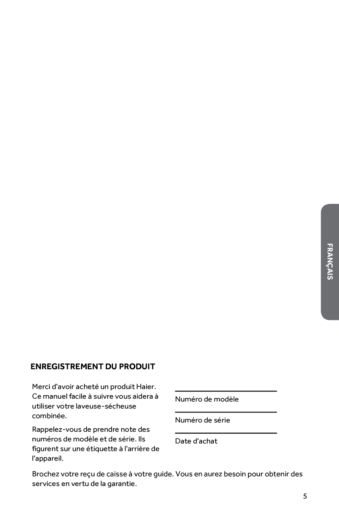 Haier HWD1600BW user manual Enregistrement DU Produit 