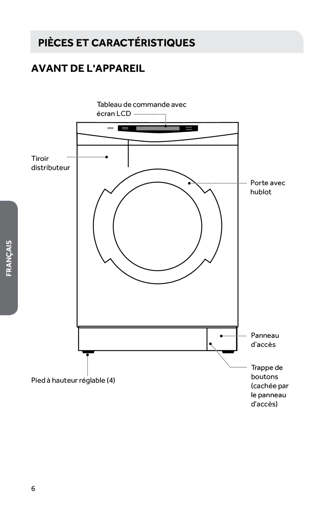 Haier HWD1600BW user manual Pièces ET Caractéristiques Avant DE Lappareil 