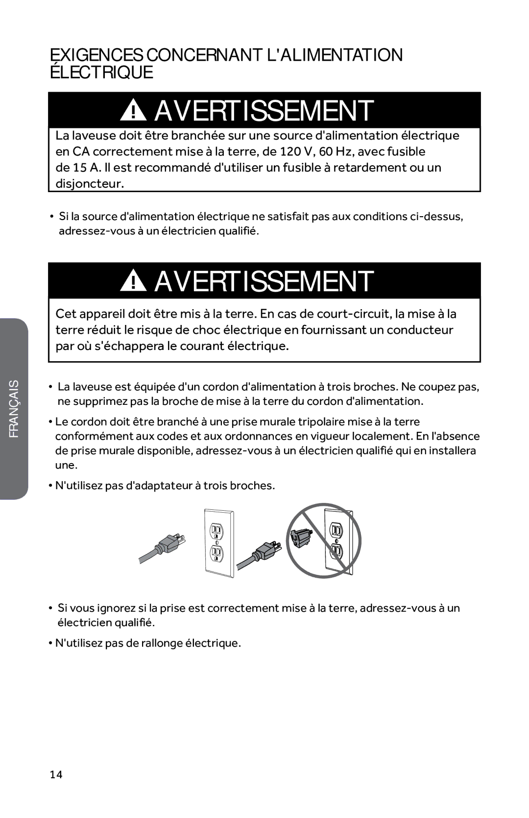 Haier HWD1600BW user manual Exigences Concernant Lalimentation Électrique 