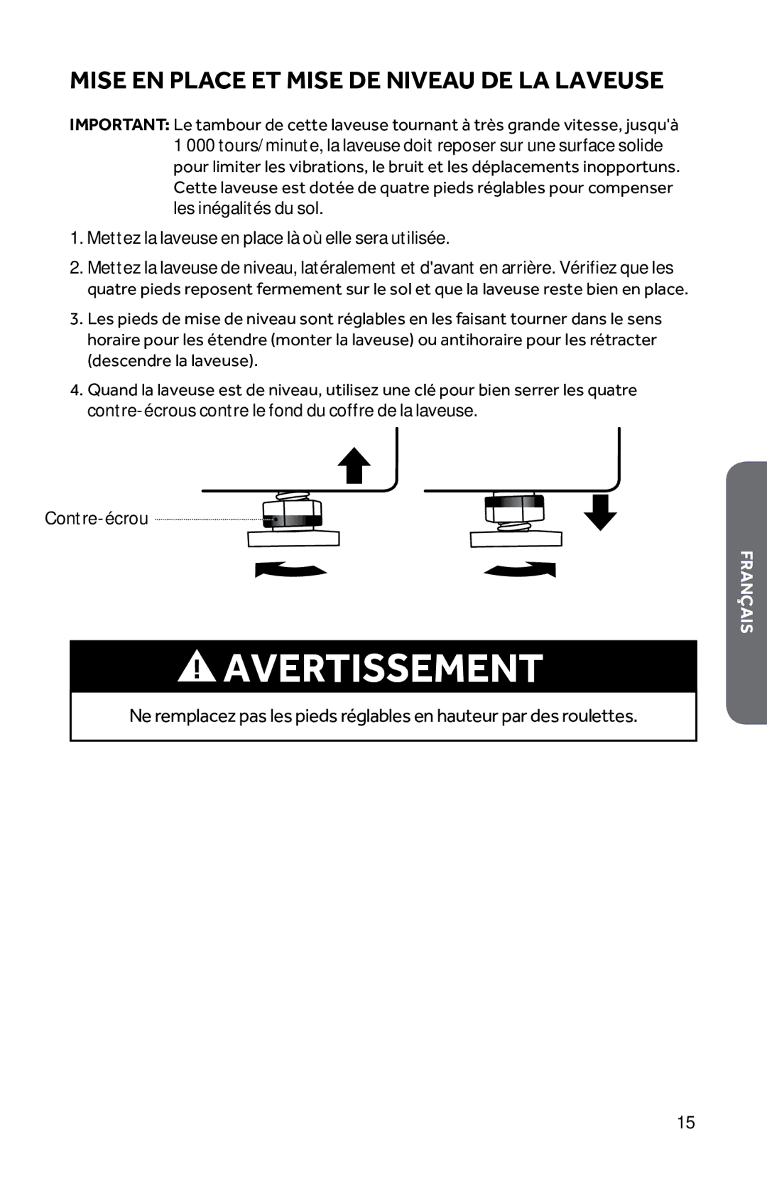 Haier HWD1600BW user manual Mise EN Place ET Mise DE Niveau DE LA Laveuse 