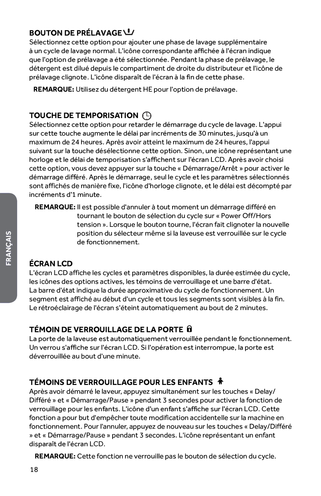 Haier HWD1600BW user manual Bouton DE Prélavage, Touche DE Temporisation, Écran LCD, Témoin DE Verrouillage DE LA Porte 