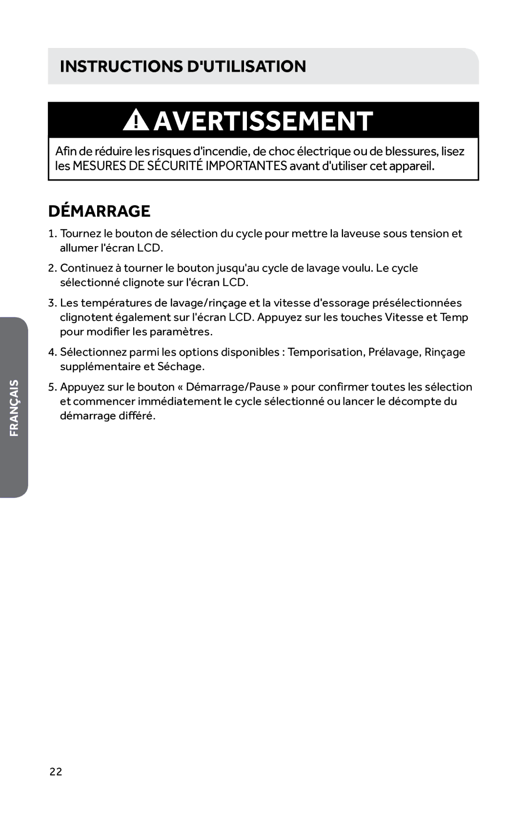 Haier HWD1600BW user manual Instructions Dutilisation, Démarrage 