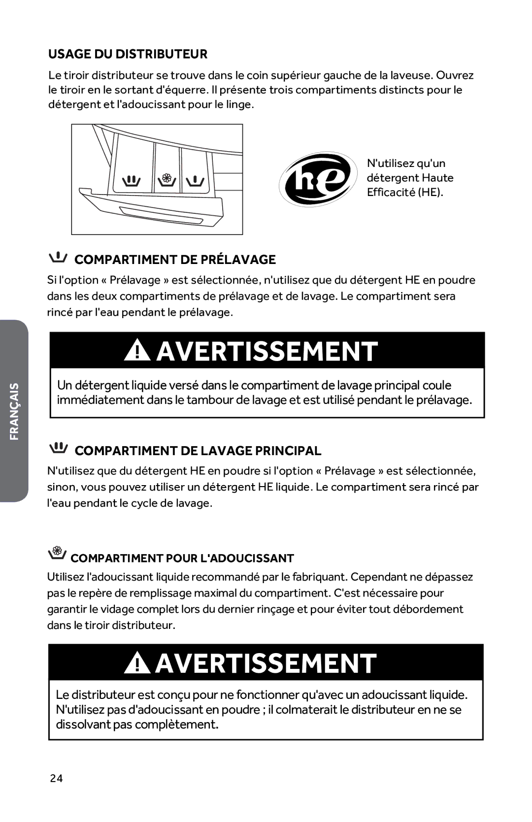 Haier HWD1600BW user manual Usage DU Distributeur, Compartiment DE Prélavage, Compartiment DE Lavage Principal 