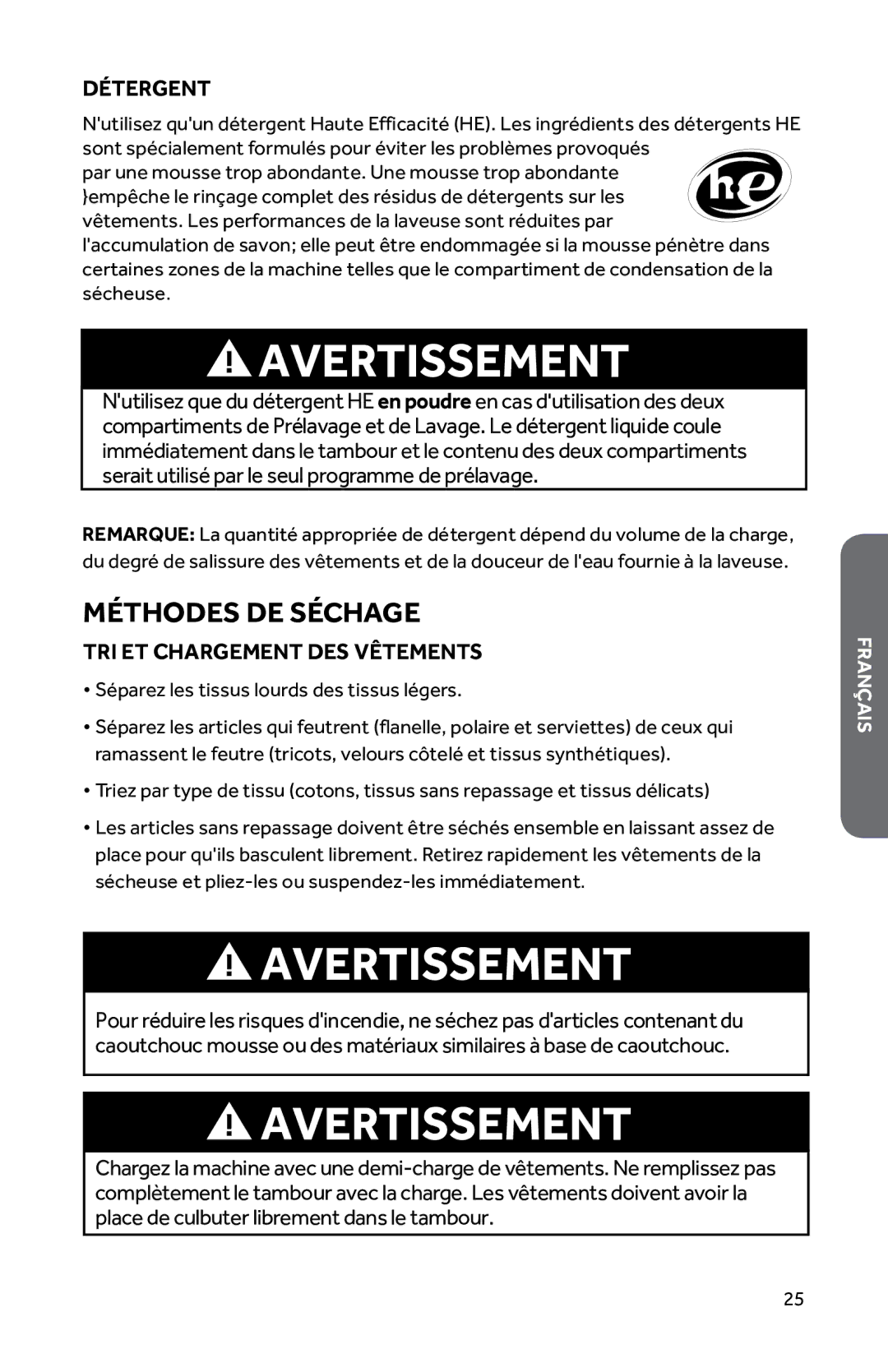 Haier HWD1600BW user manual Méthodes DE Séchage, Détergent, TRI ET Chargement DES Vêtements 