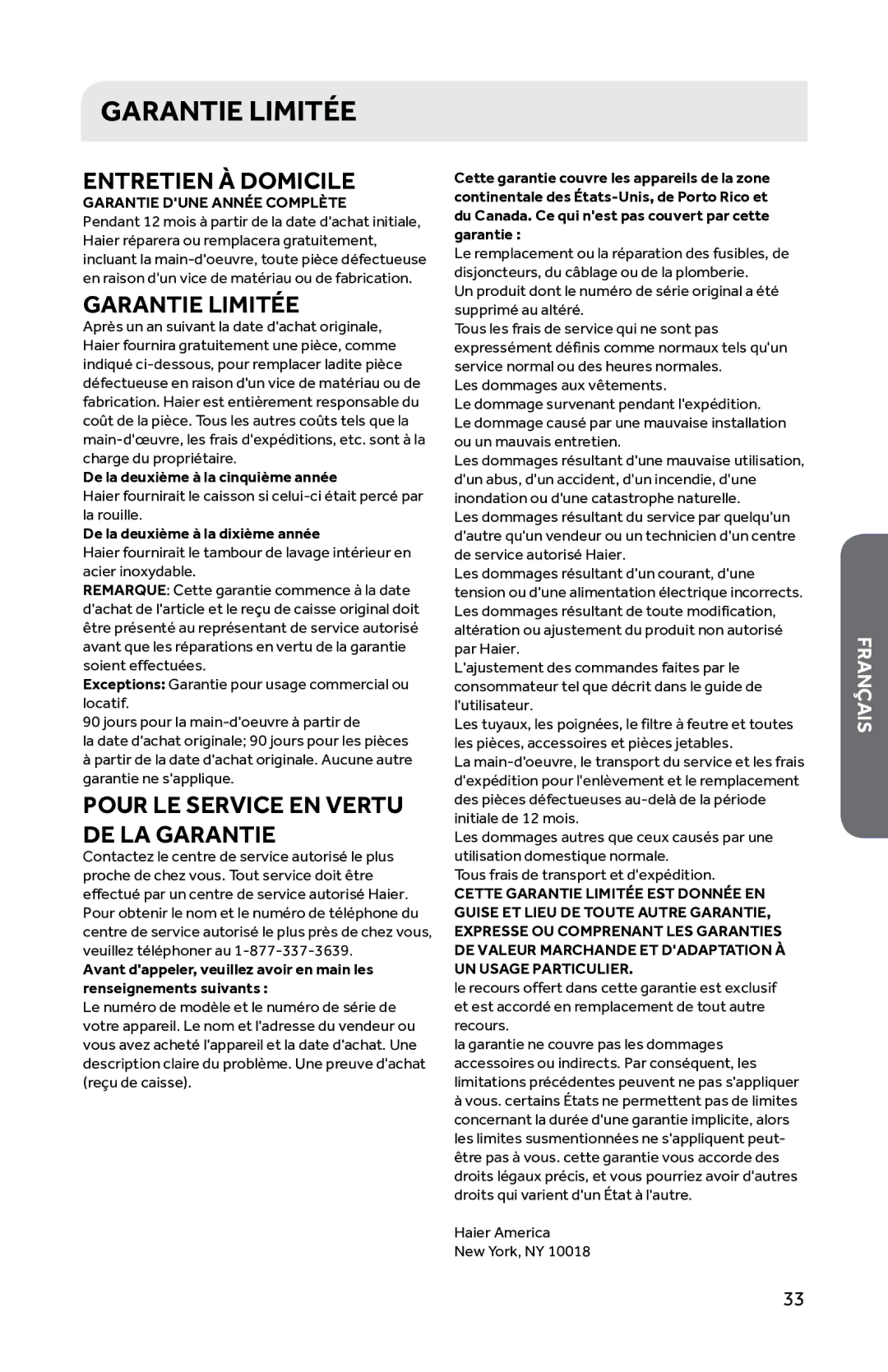 Haier HWD1600BW user manual Garantie Limitée, Entretien À Domicile 