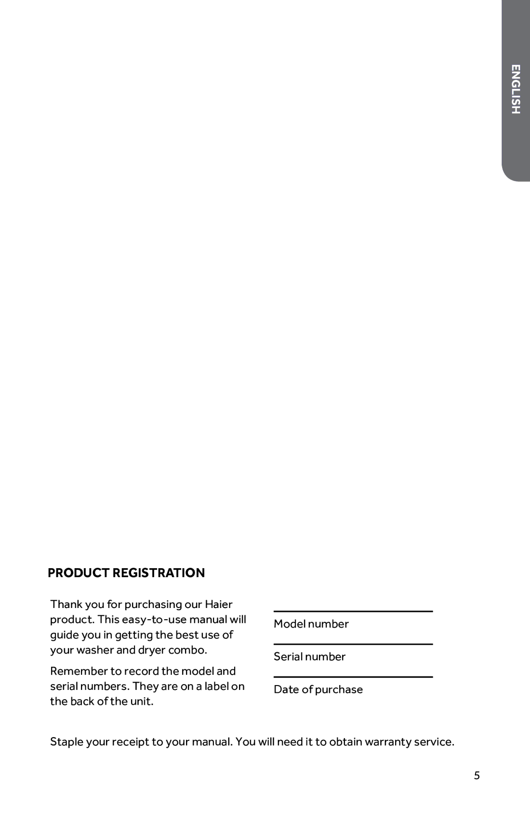 Haier HWD1600BW user manual Product registration 