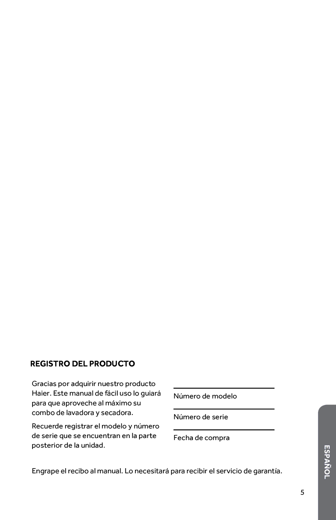 Haier HWD1600BW user manual Registro DEL Producto 