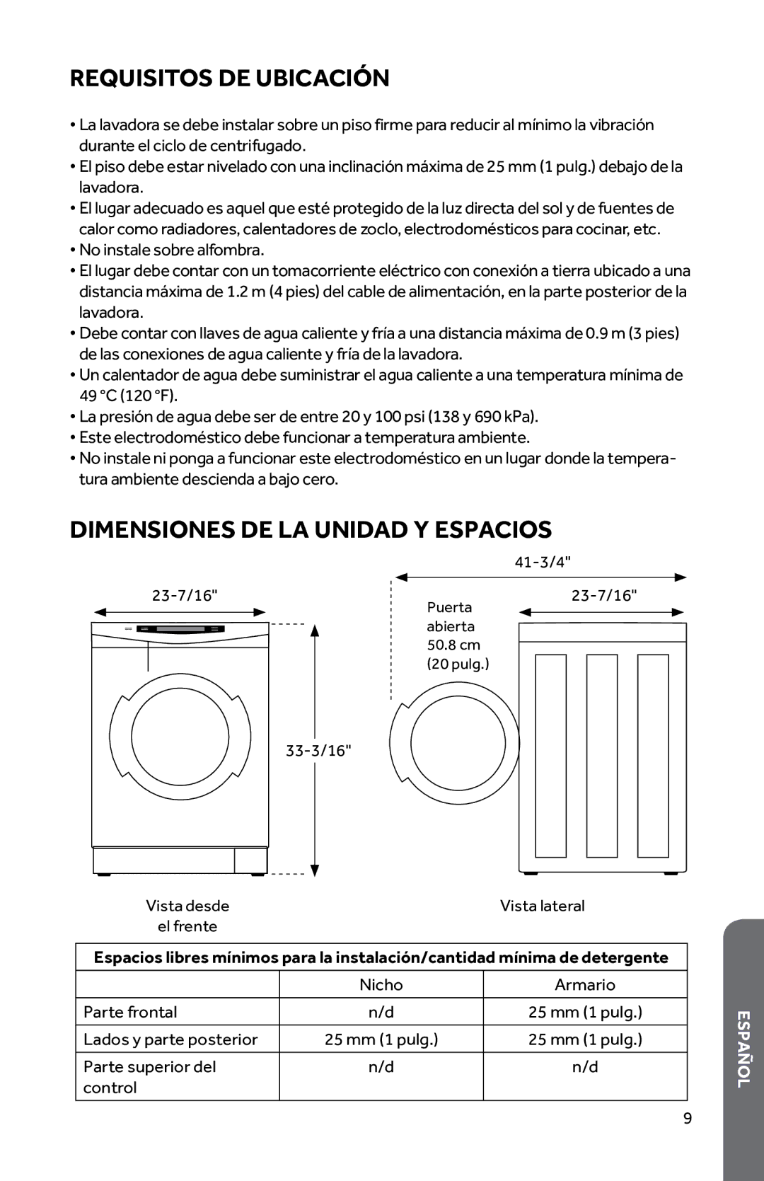 Haier HWD1600BW user manual Requisitos DE Ubicación, Dimensiones DE LA Unidad Y Espacios 