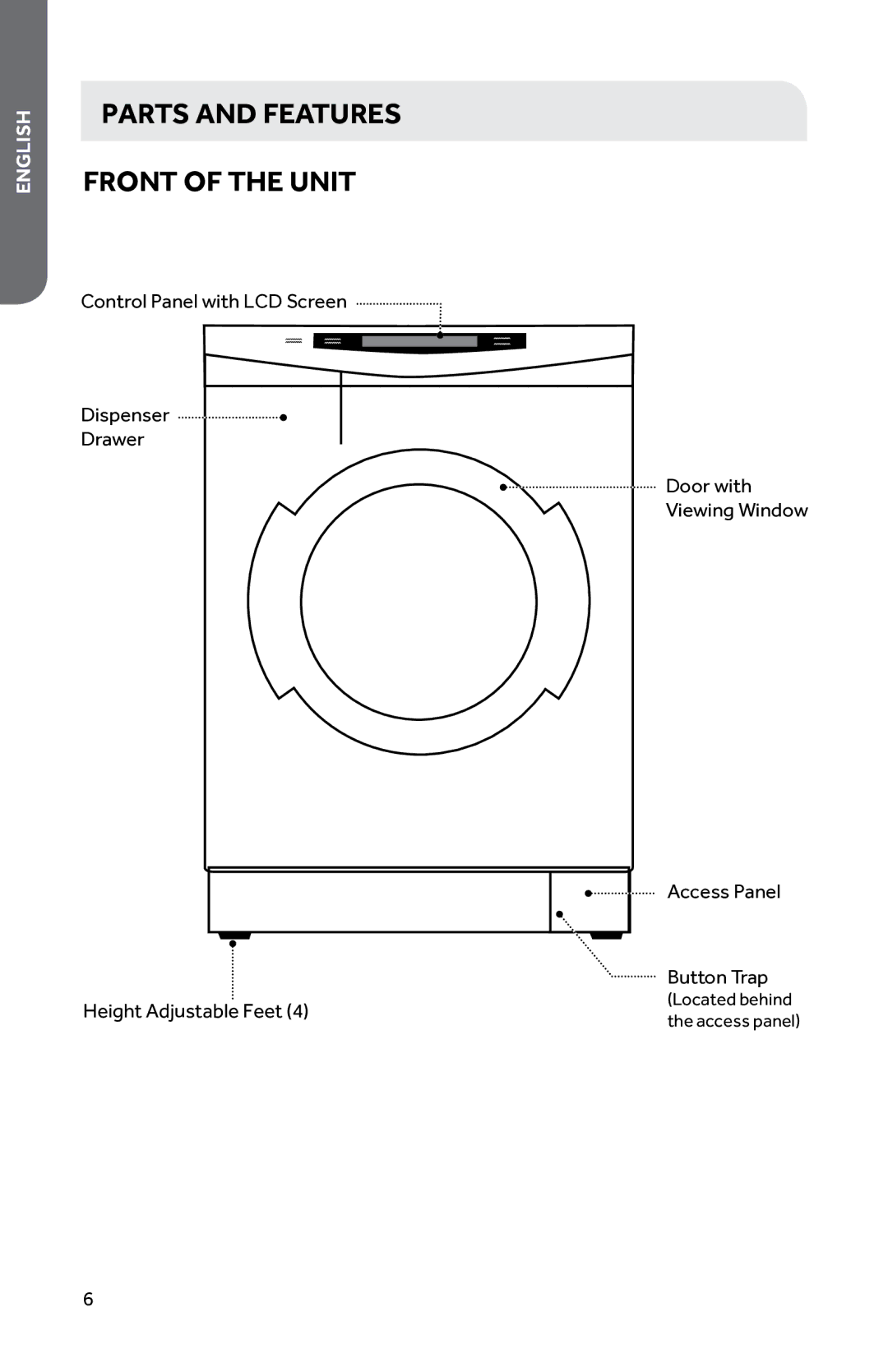 Haier HWD1600BW user manual Parts and features Front of the unit 