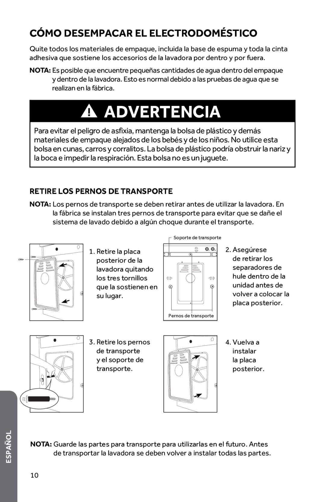 Haier HWD1600BW user manual Cómo Desempacar EL Electrodoméstico, Retire LOS Pernos DE Transporte 