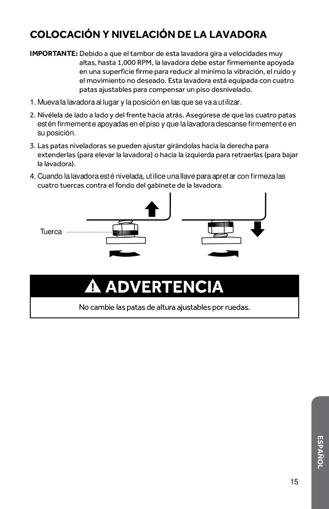 Haier HWD1600BW user manual Colocación Y Nivelación DE LA Lavadora 