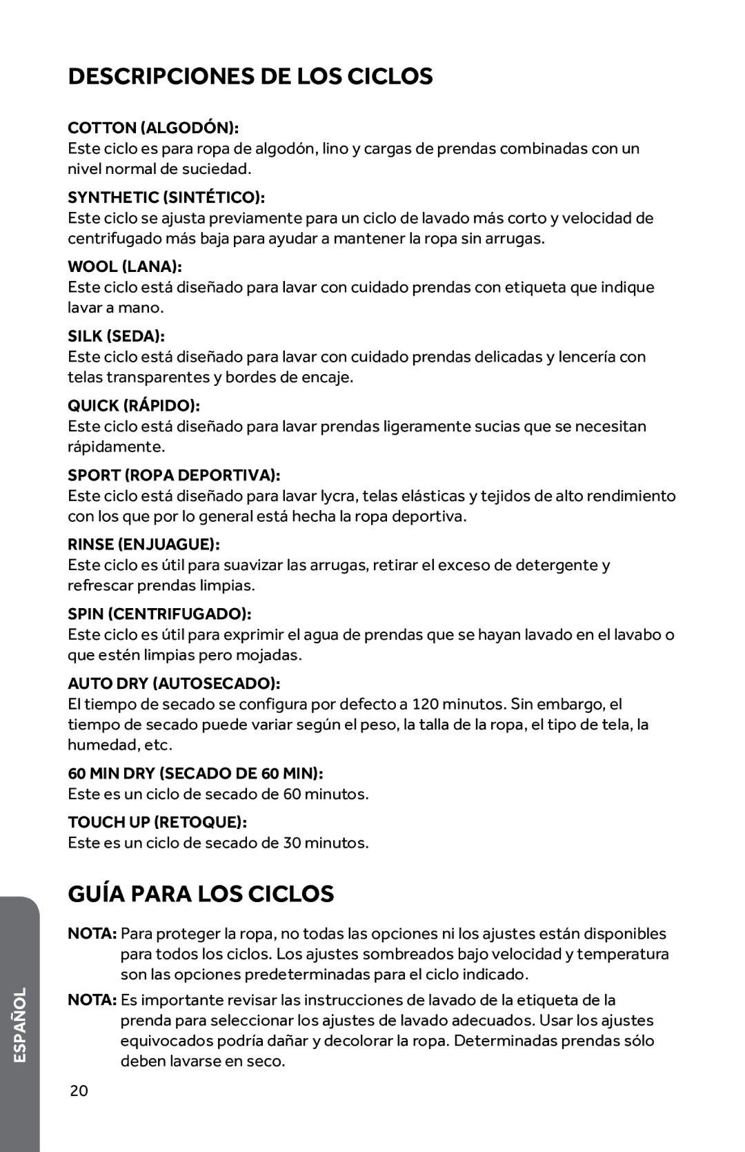 Haier HWD1600BW user manual Descripciones DE LOS Ciclos, Guía Para LOS Ciclos 