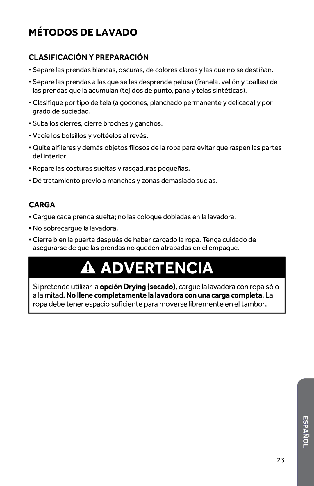 Haier HWD1600BW user manual Métodos DE Lavado, Clasificación Y Preparación, Carga 