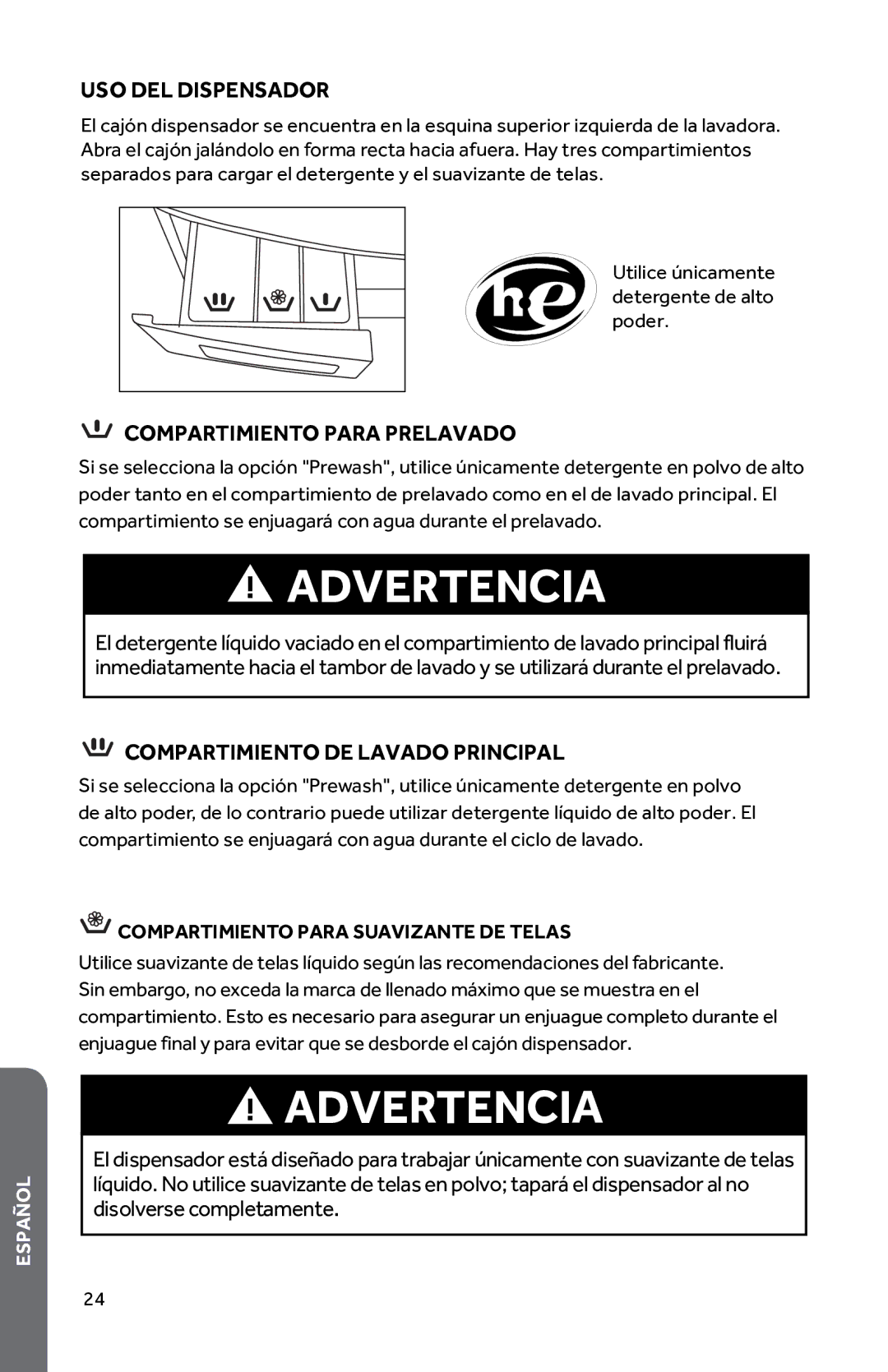 Haier HWD1600BW user manual USO DEL Dispensador, Compartimiento Para Prelavado, Compartimiento DE Lavado Principal 