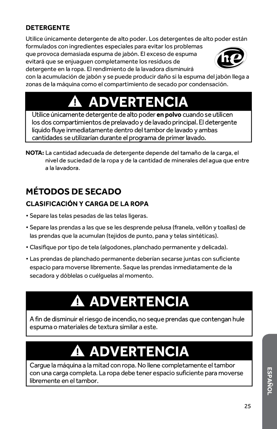 Haier HWD1600BW user manual Métodos de secado, Detergente, Clasificación Y Carga DE LA Ropa 