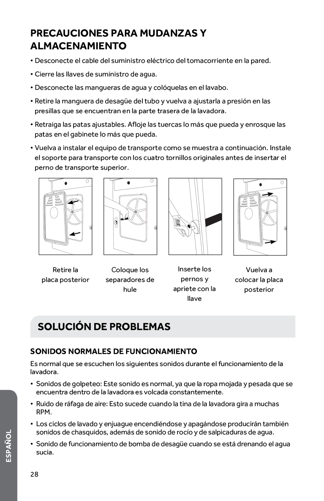 Haier HWD1600BW Precauciones Para Mudanzas Y Almacenamiento, Solución DE Problemas, Sonidos Normales DE Funcionamiento 