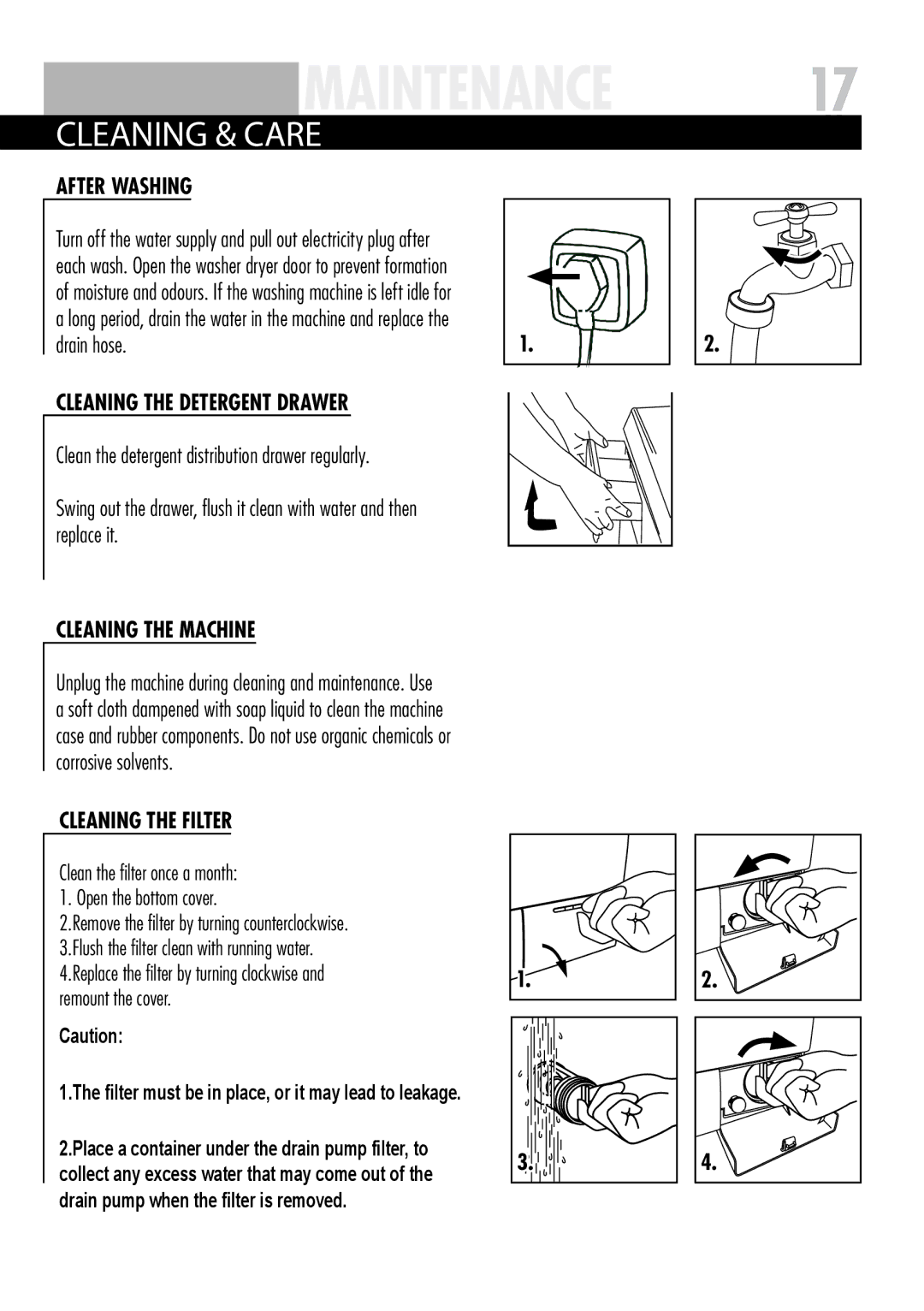 Haier HWDC1000TXVE ME-U Cleaning & care, After washing, Cleaning the filter, Drain pump when the filter is removed 