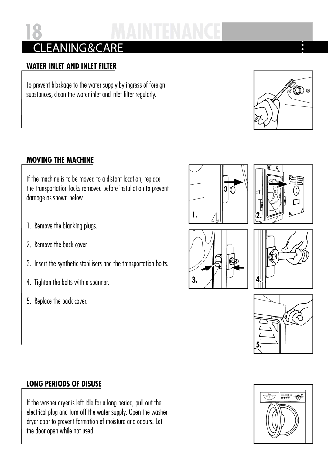 Haier HWDC1200TXVE ME-U user manual Cleaning&Care, Water inlet and inlet filter, Moving the machine, Long periods of disuse 