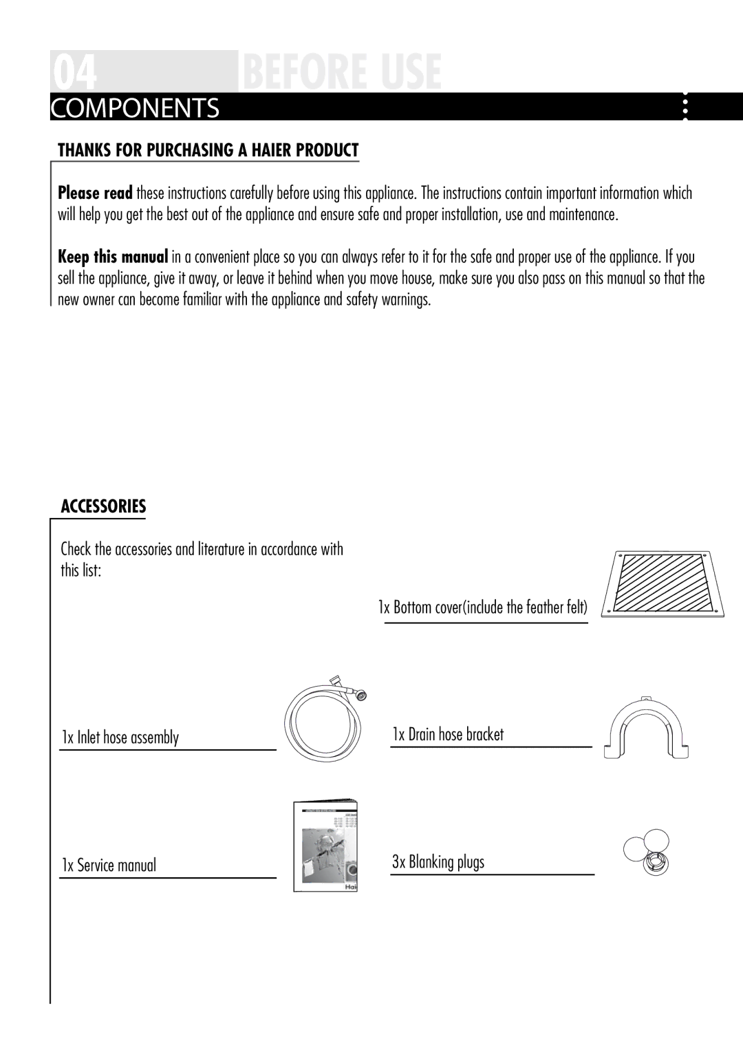 Haier HWDC1000TXVE-U, HWDC1000TXVE ME-U Components, Thanks for purchasing a Haier product, Accessories, 3x Blanking plugs 