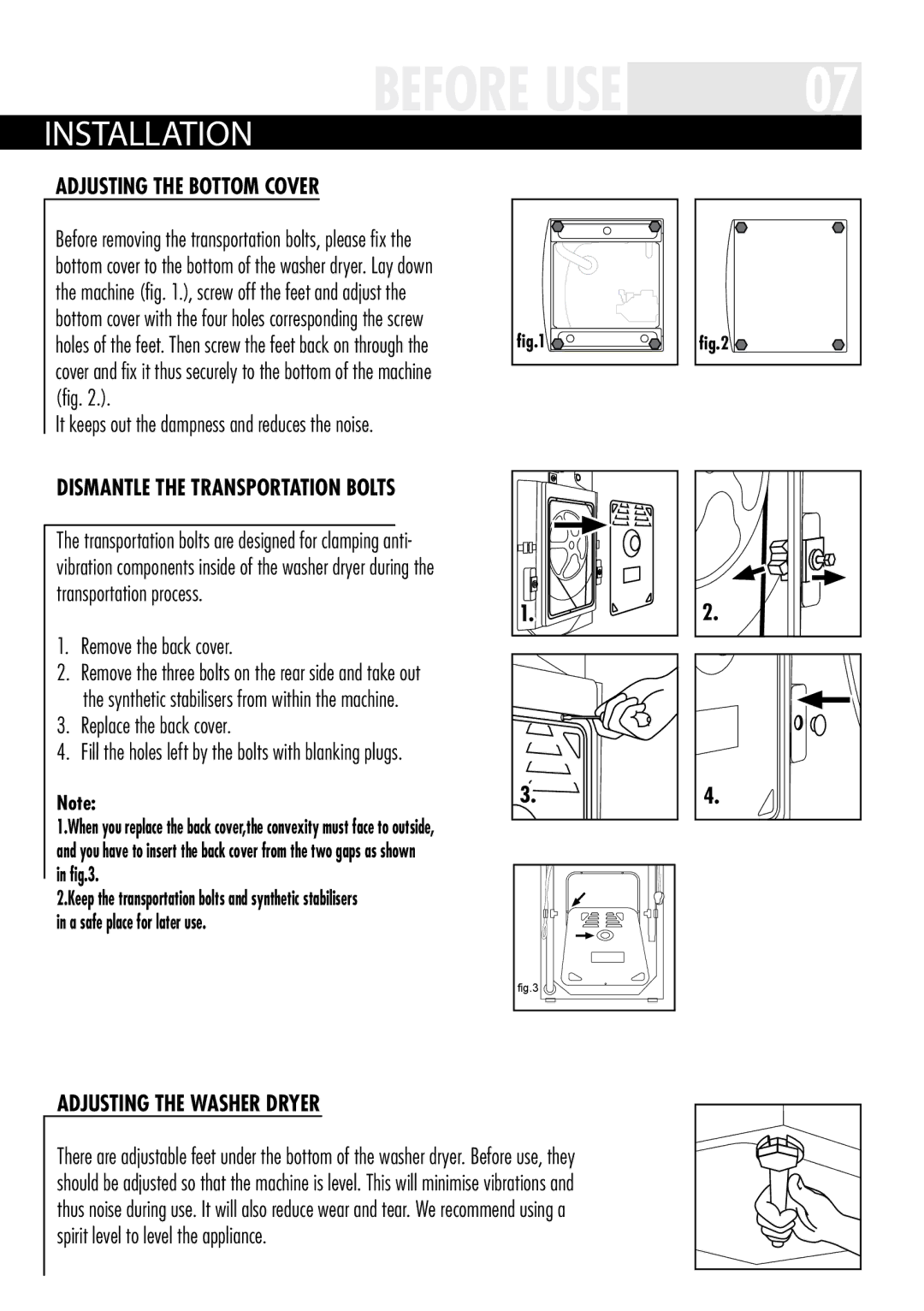 Haier HWDC1200TXVE-U, HWDC1000TXVE-U Installation, Adjusting the bottom cover, Dismantle the Transportation bolts 