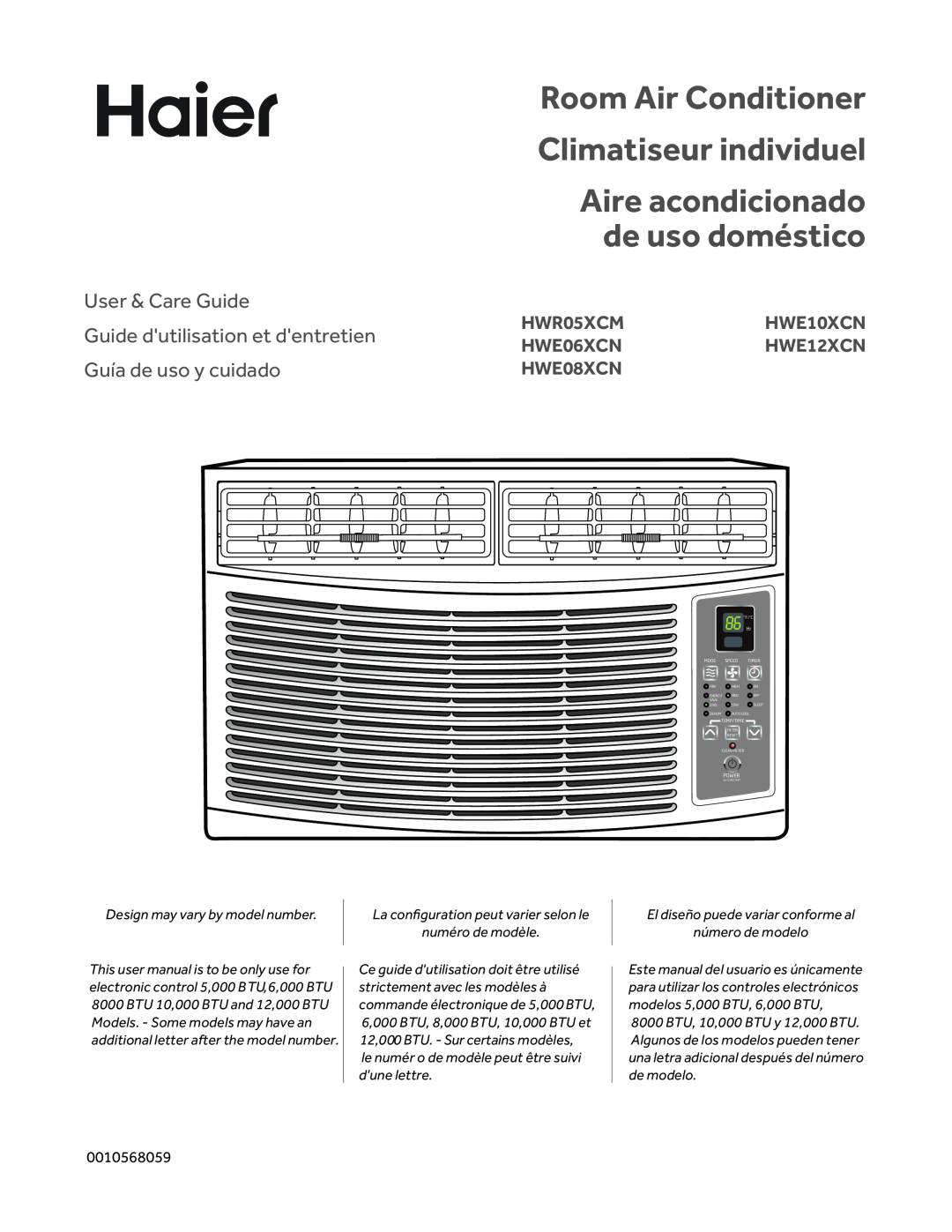 Haier HWE12XCN user manual Room Air Conditioner Climatiseur individuel, Aire acondicionado de uso doméstico, HWR05XCM 