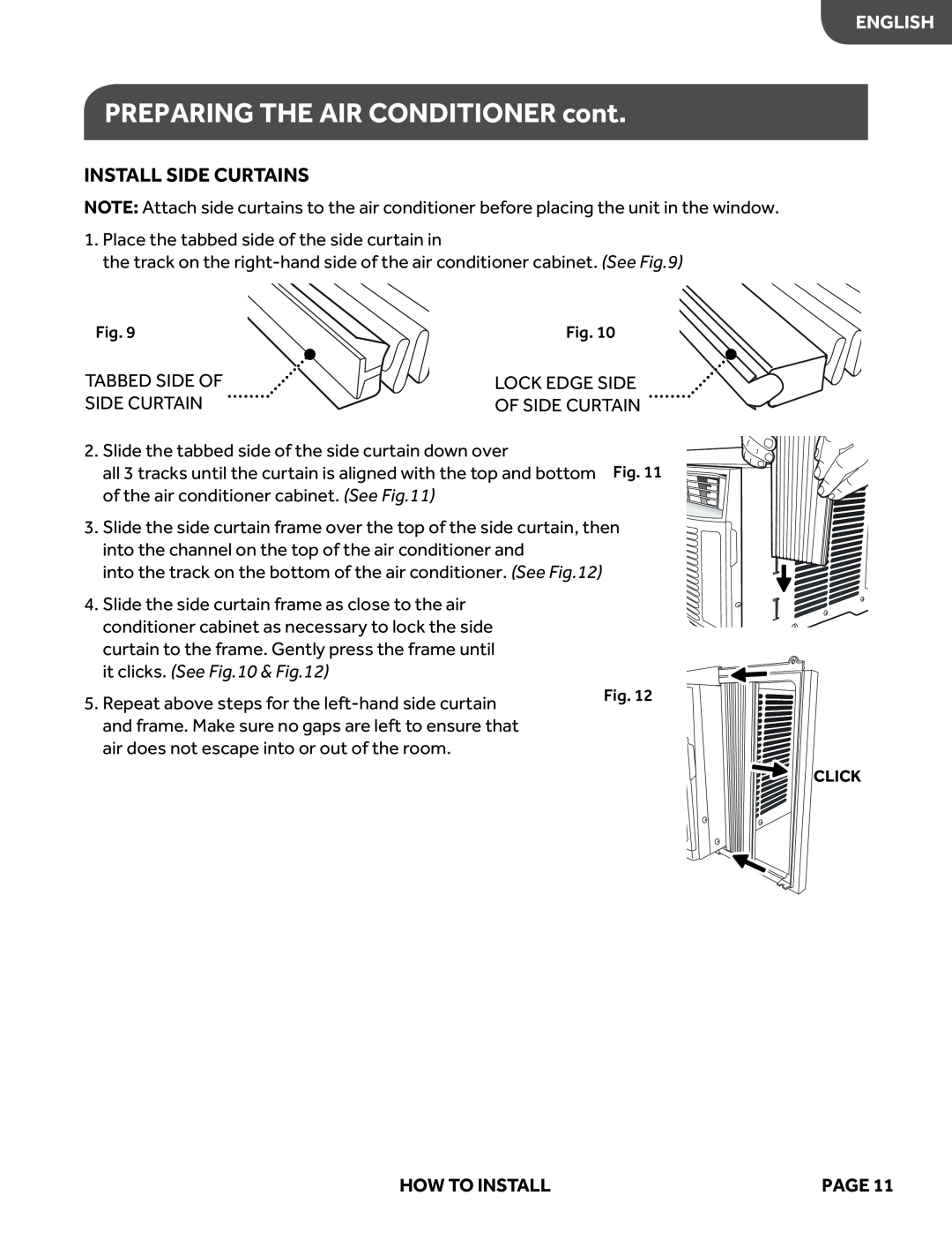 Haier HWE12XCN, HWE10XCN, HWE08XCN, HWE06XCN user manual PREPARING THE AIR CONDITIONER cont, Install Side Curtains, English 