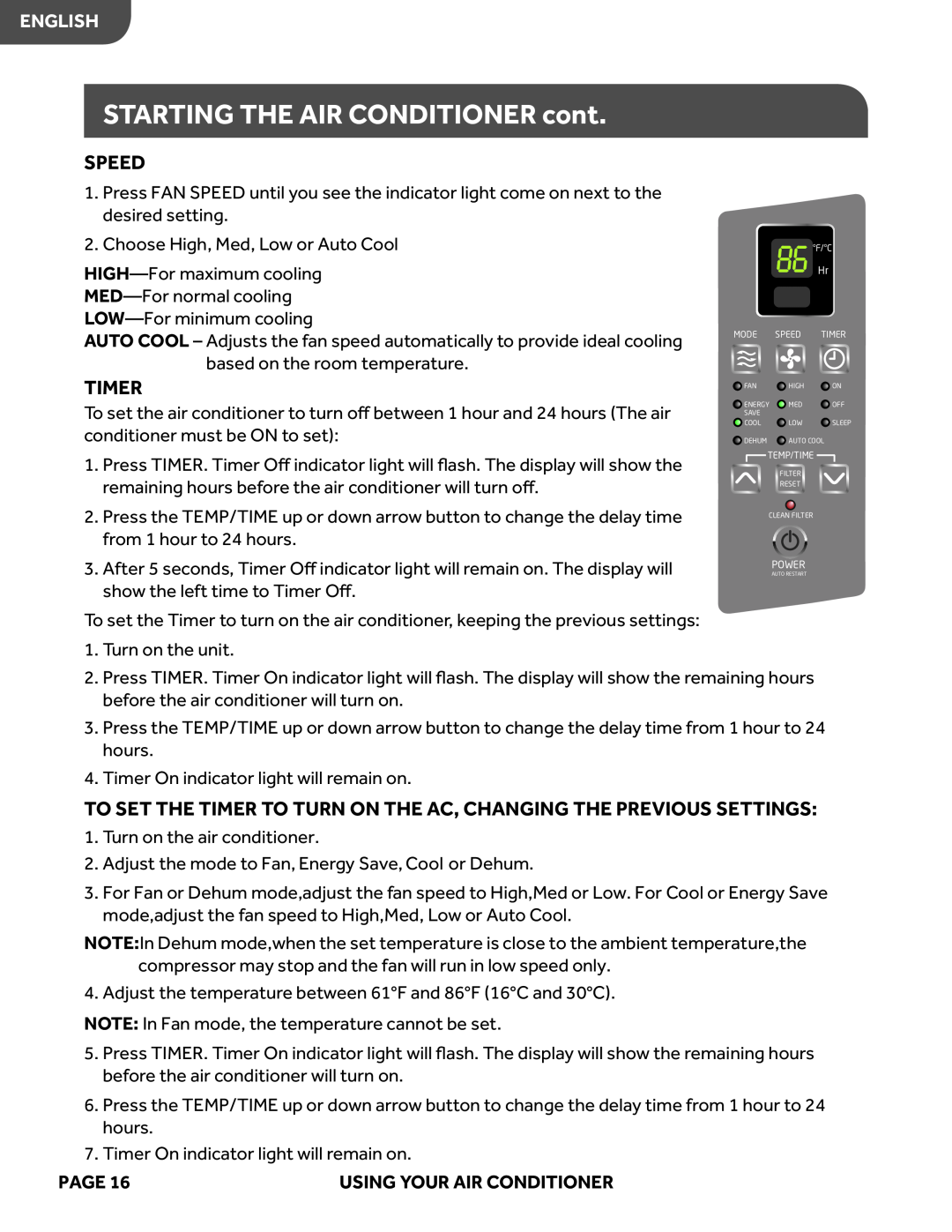 Haier HWE08XCN, HWE10XCN, HWE12XCN, HWE06XCN user manual STARTING THE AIR CONDITIONER cont, Speed, Timer, English 