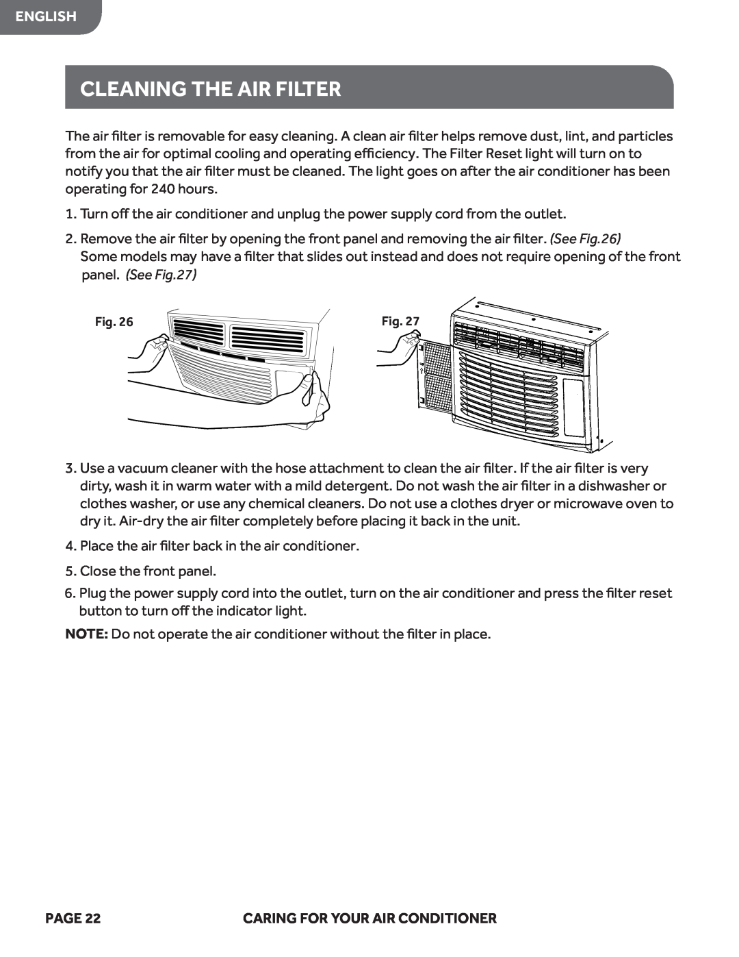 Haier HWE10XCN, HWE12XCN, HWE08XCN, HWE06XCN user manual Cleaning The Air Filter, English 
