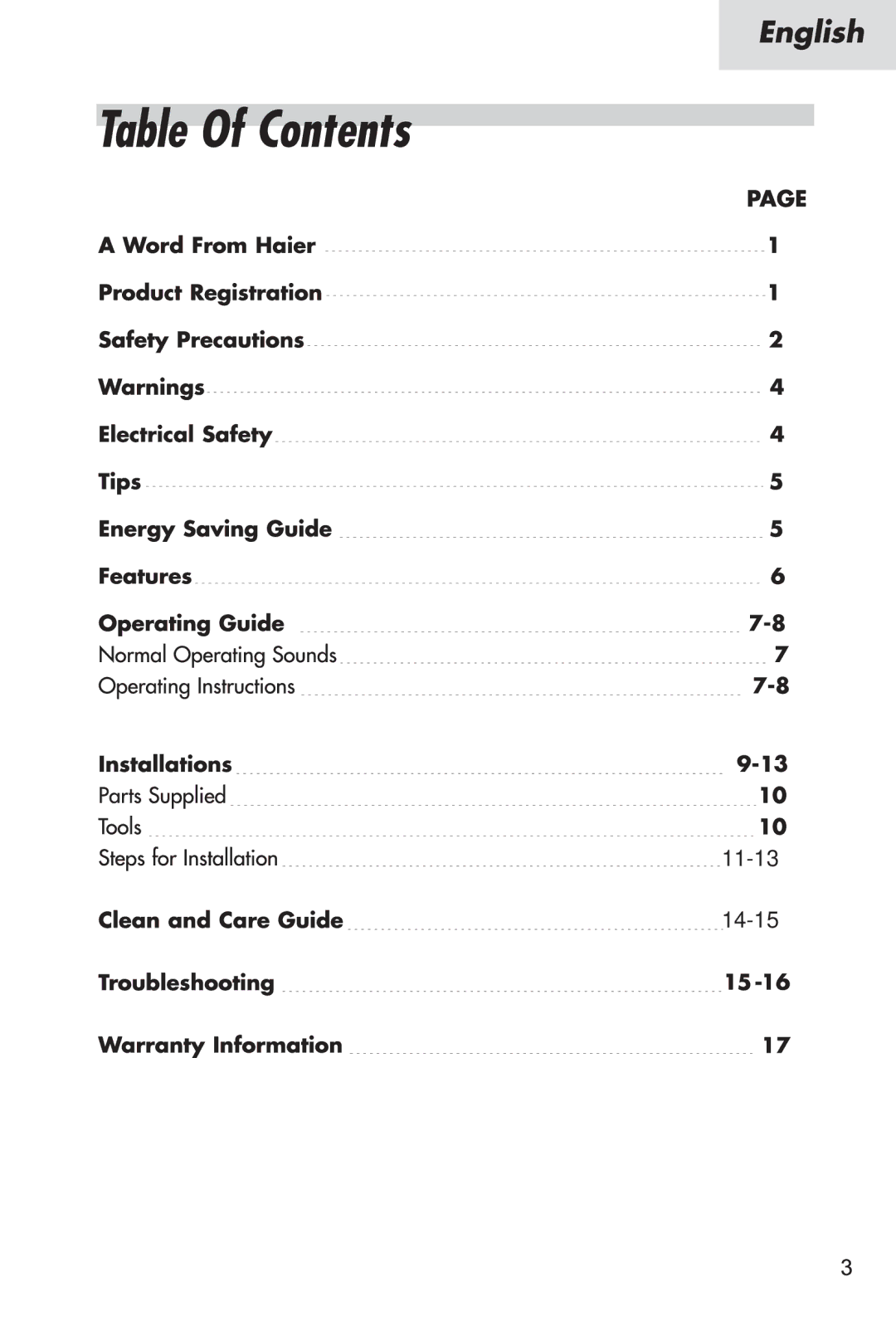 Haier HWF05XC3 manual 11-13 14-15 