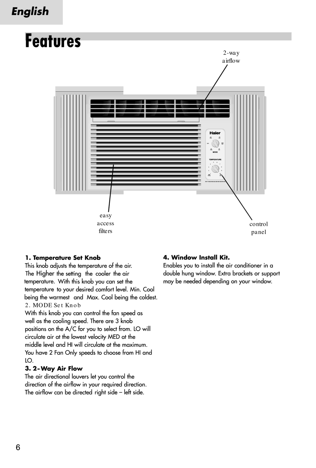 Haier HWF05XC3 manual Way airflow Easy Access 