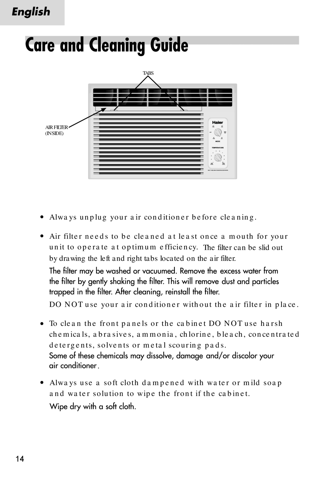 Haier HWF05XC3 manual Tabs, Air Filter Inside 