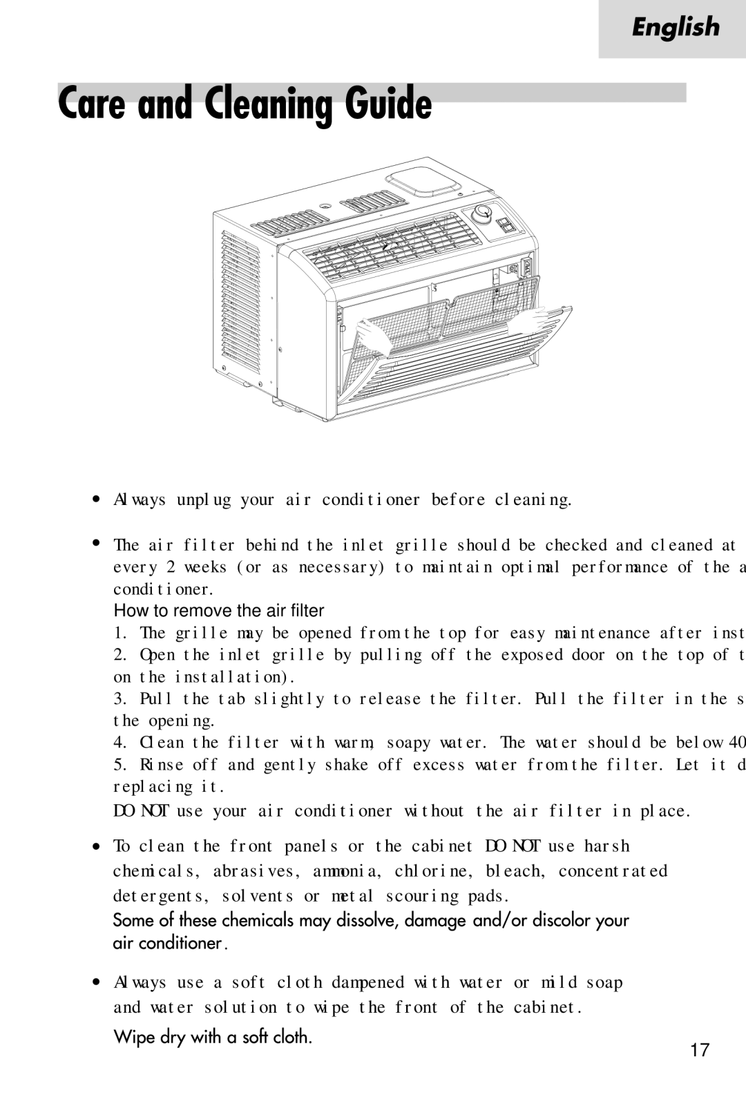 Haier HWR05XC5, HWF05XC5 manual Always unplug your air conditioner before cleaning 