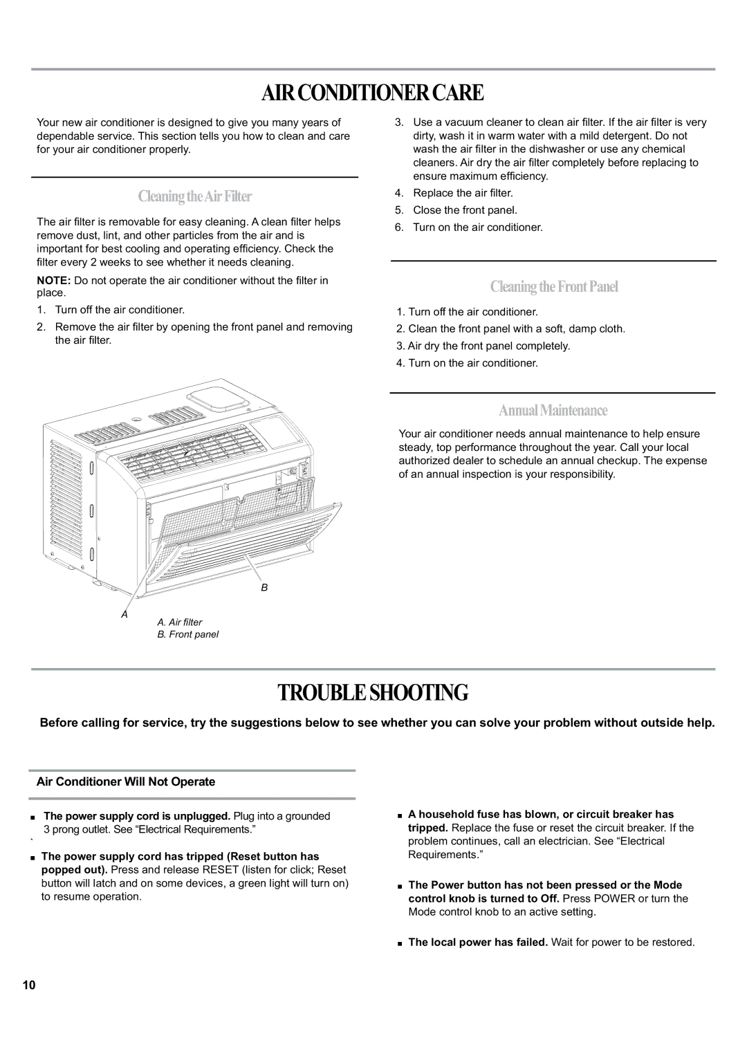 Haier HWF05XCK-L manual Airconditionercare, Troubleshooting, CleaningtheAirFilter, CleaningtheFrontPanel, AnnualMaintenance 