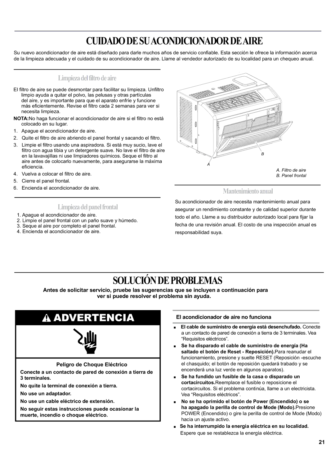 Haier HWF05XCK-T Cuidadodesuacondicionadordeaire, Solucióndeproblemas, Limpiezadelfiltrodeaire, Limpiezadelpanelfrontal 