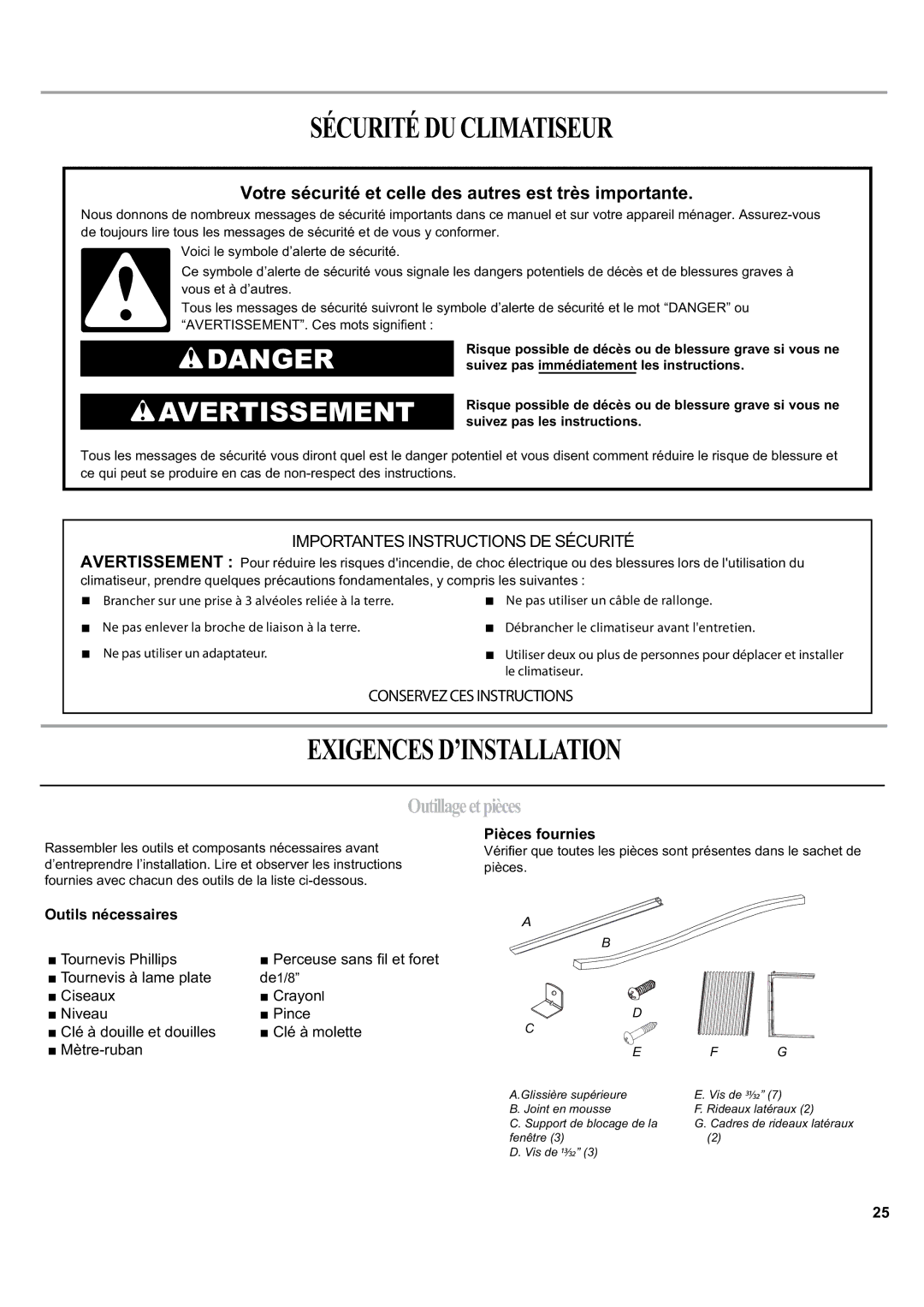 Haier HWF05XCK-T Sécuritéduclimatiseur, Exigencesd’Installation, Outillageetpièces, Pièces fournies, Outils nécessaires 