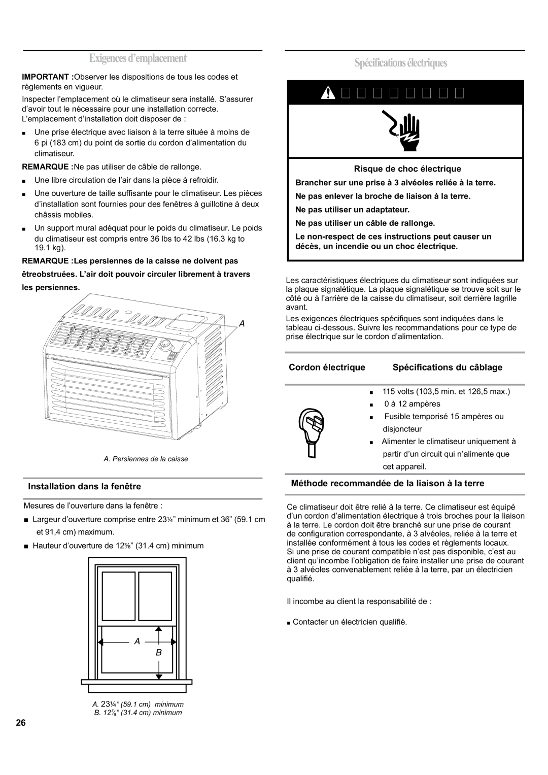 Haier HWF05XCK-L, HWF05XCK-T, HWF05XCK-E Exigencesd’emplacement, Spécificationsélectriques, Installation dans la fenêtre 