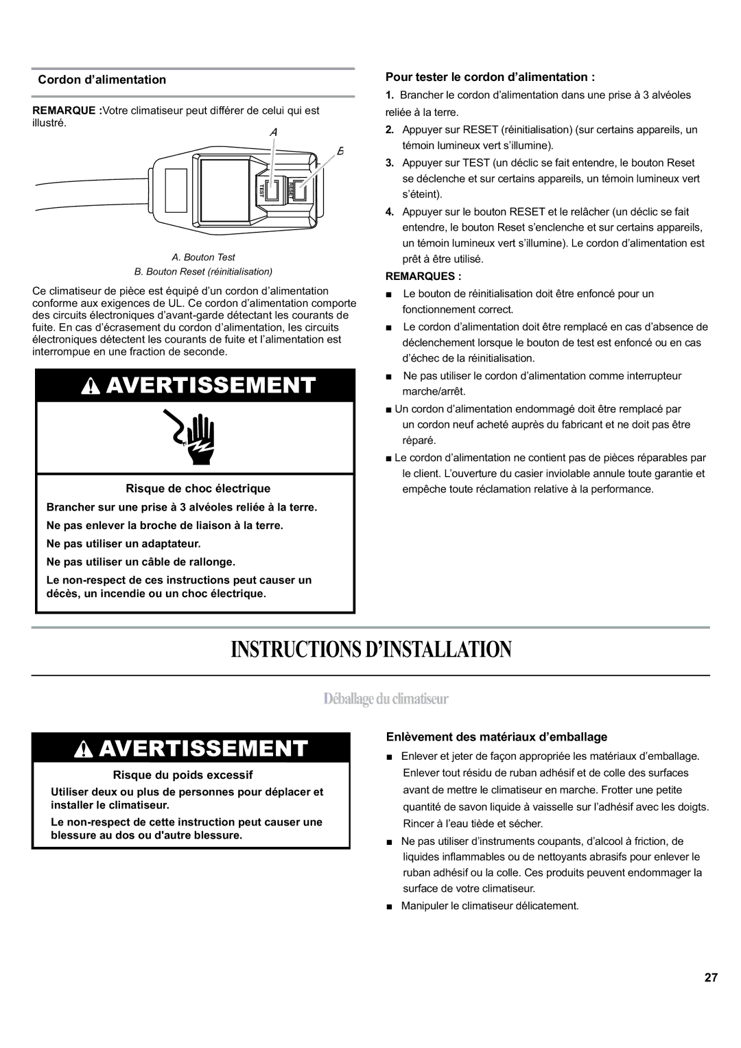 Haier HWF05XCK-E, HWF05XCK-T, HWF05XCK-L manual Instructionsd’Installation, Déballageduclimatiseur, Cordon d’alimentation 