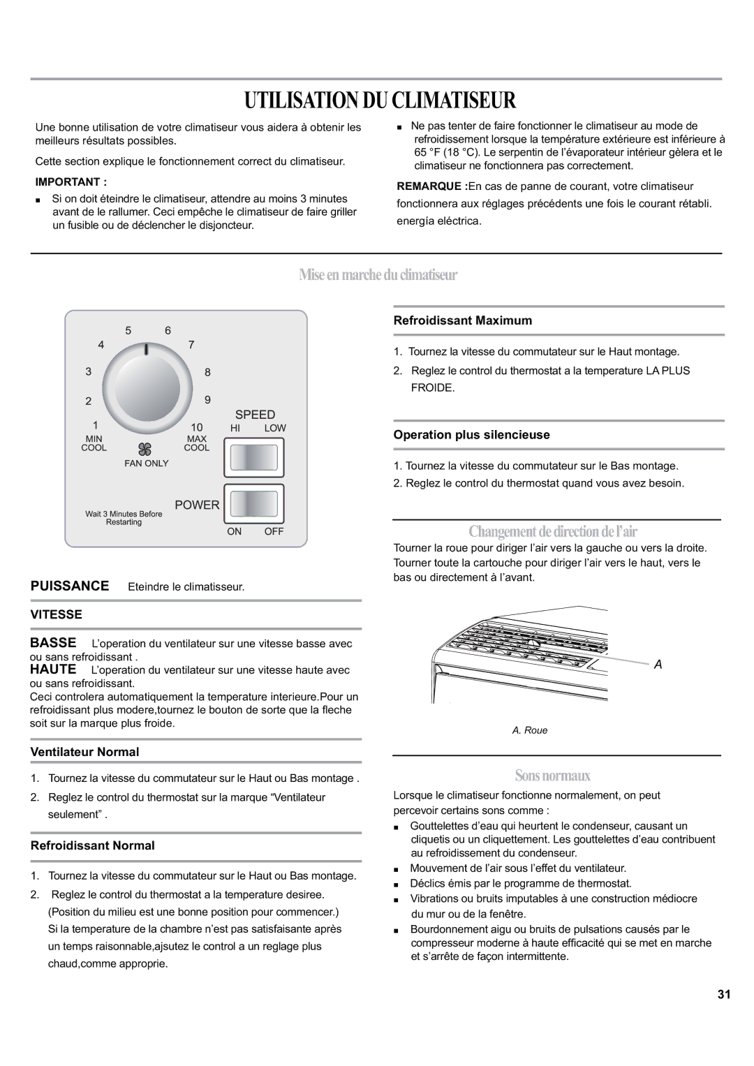 Haier HWF05XCK-E Utilisationduclimatiseur, Miseenmarcheduclimatiseur, Changementdedirectiondel’air, Sonsnormaux, Vitesse 