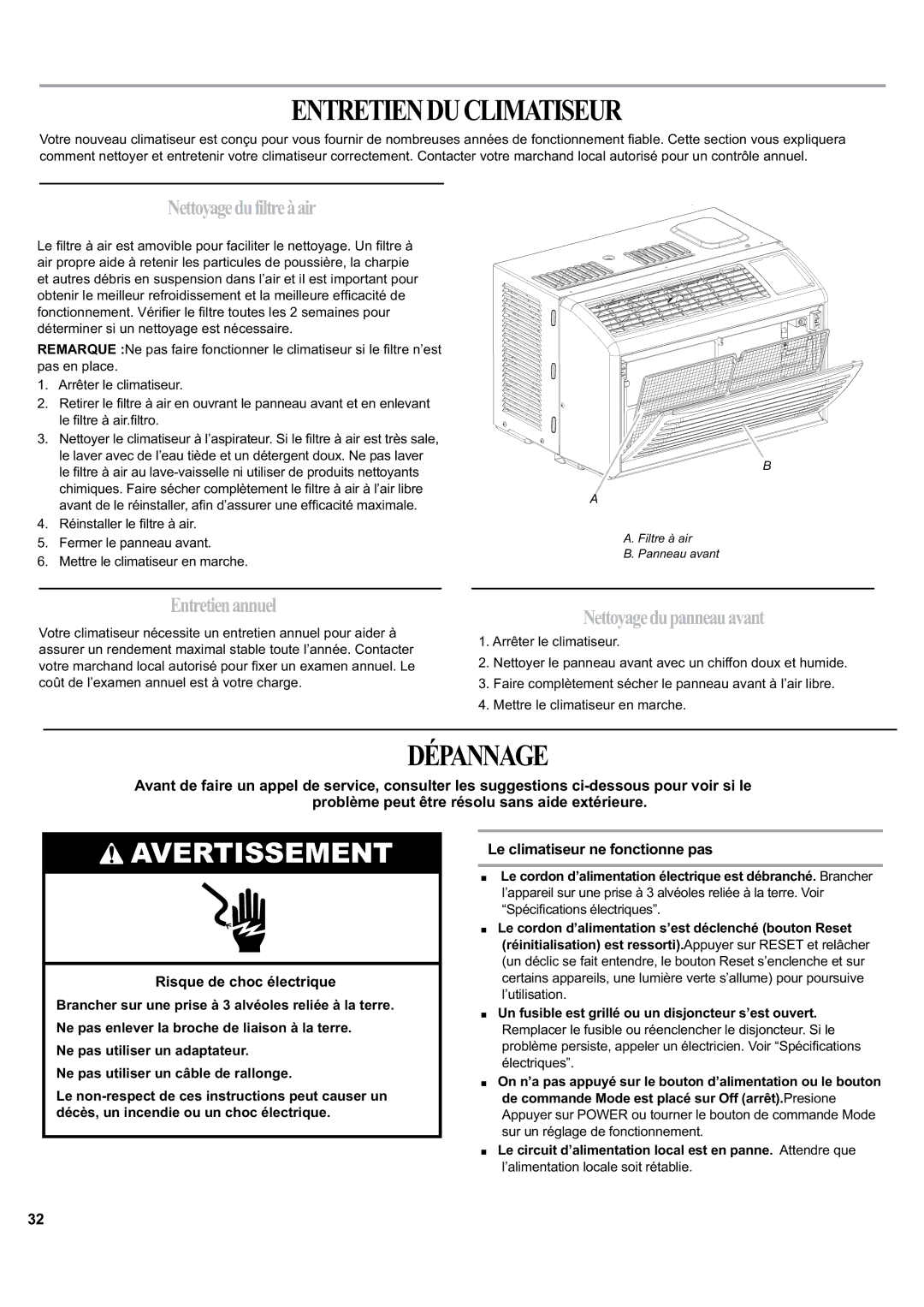 Haier HWF05XCK manual Entretienduclimatiseur, Dépannage, Nettoyagedufiltreàair, Entretienannuel, Nettoyagedupanneauavant 