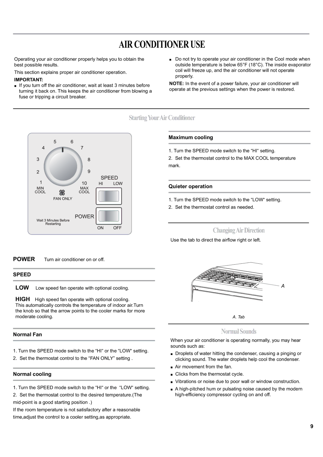 Haier HWF05XCK-T, HWF05XCK-L manual Airconditioneruse, StartingYourAirConditioner, ChangingAirDirection, NormalSounds, Speed 