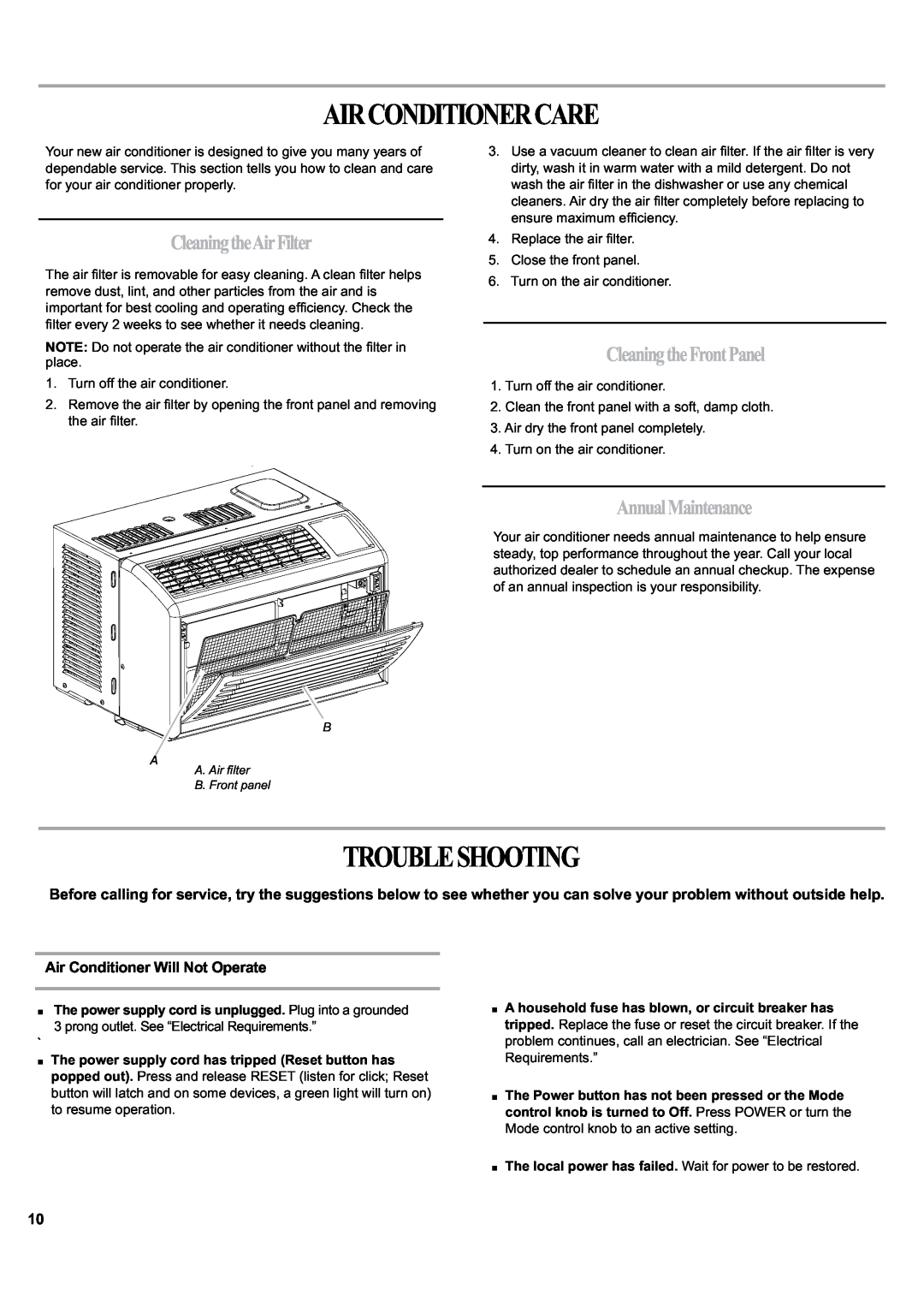 Haier HWF05XCK-L manual Airconditionercare, Troubleshooting, CleaningtheAirFilter, CleaningtheFrontPanel, AnnualMaintenance 